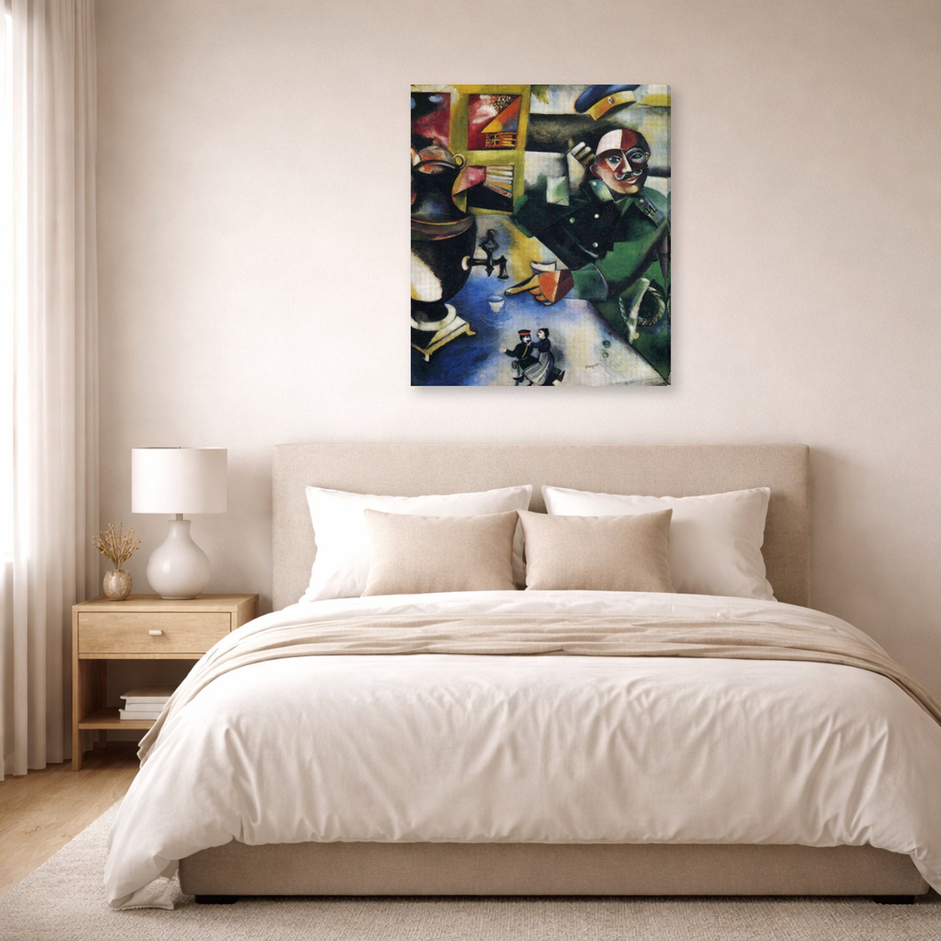 Gallery-wrapped canvas print of Marc Chagall's The Soldier Drinks displayed on a wall in a bedroom