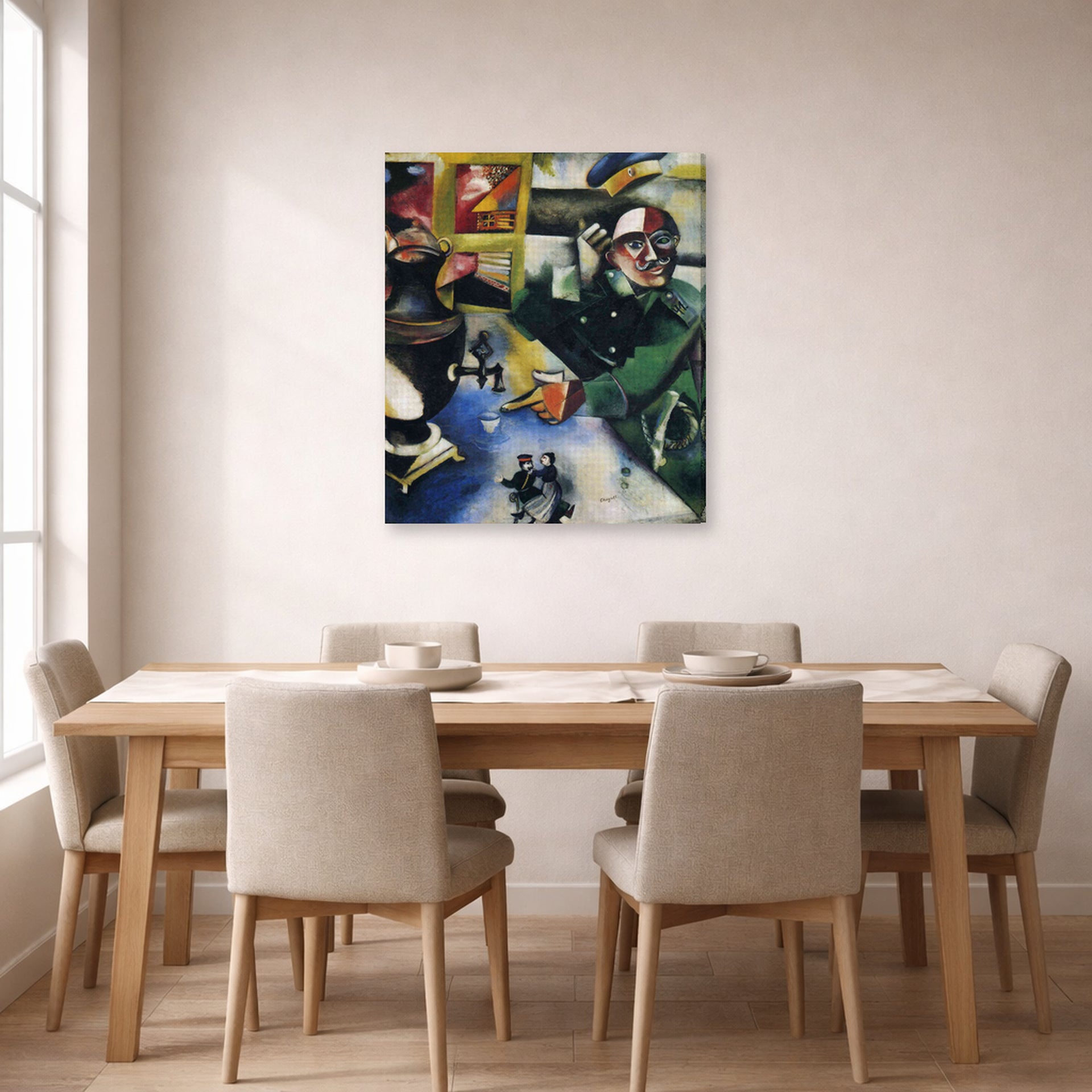 Gallery-wrapped canvas print of Marc Chagall's The Soldier Drinks displayed on a wall in a dining room
