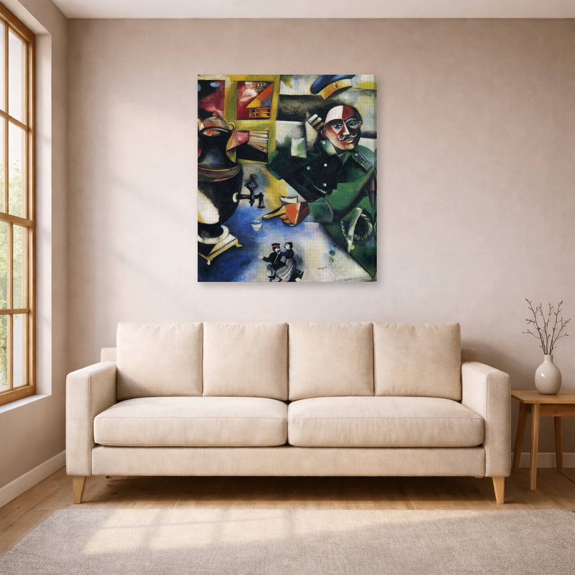 Gallery-wrapped canvas print of Marc Chagall's The Soldier Drinks displayed on a wall in a living room