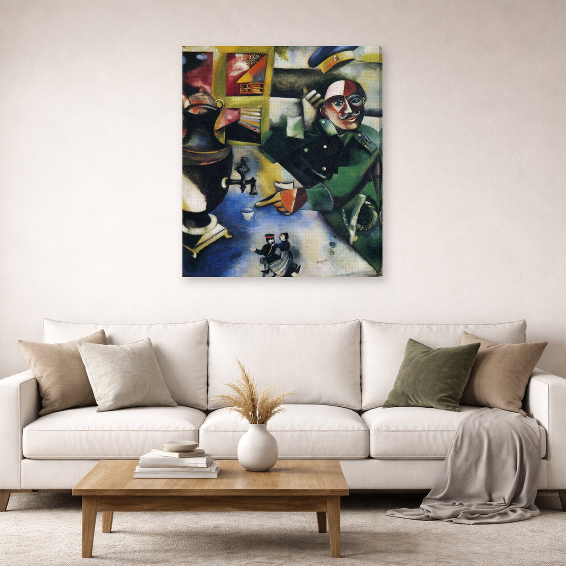 Gallery-wrapped canvas print of Marc Chagall's The Soldier Drinks displayed on a wall in a living room