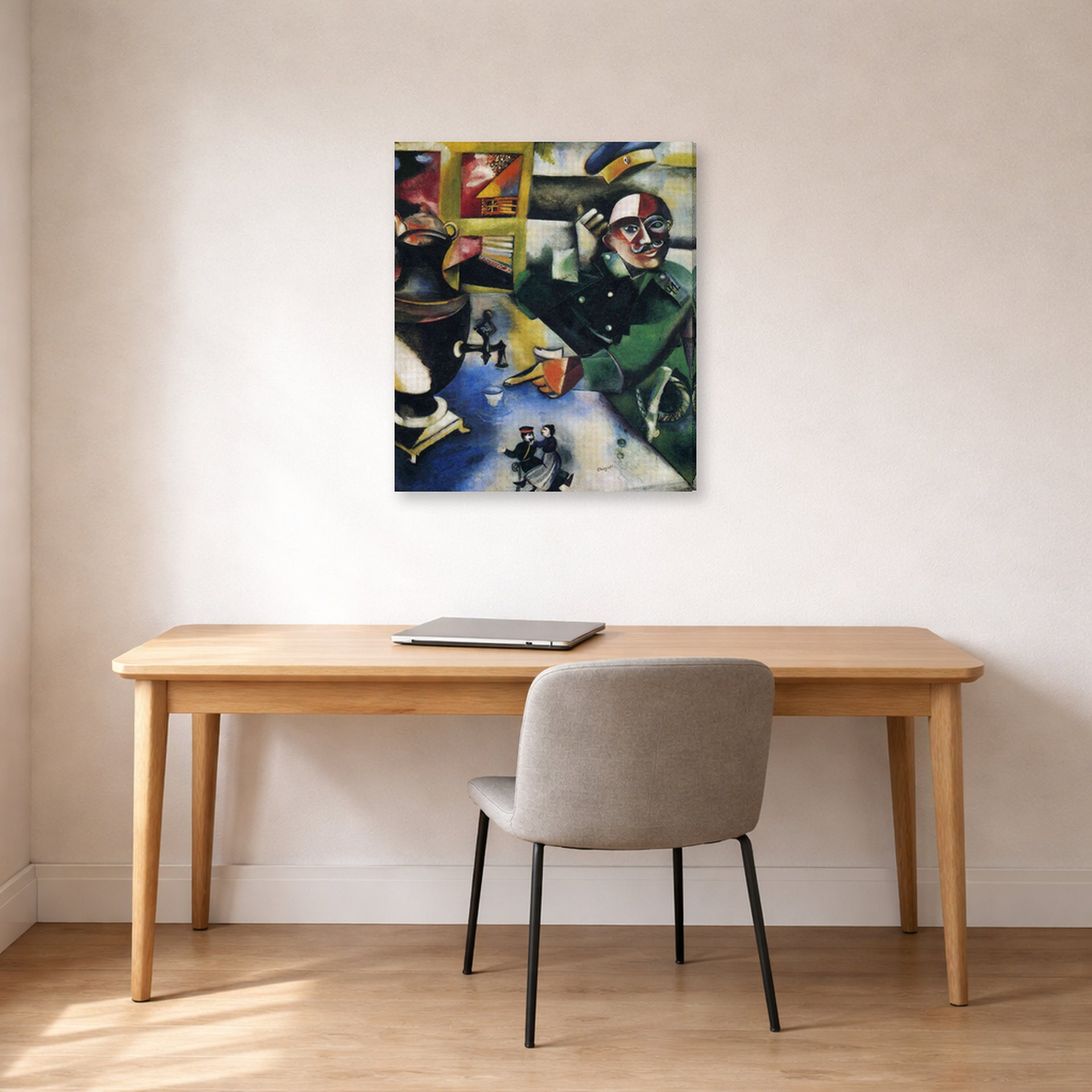 Gallery-wrapped canvas print of Marc Chagall's The Soldier Drinks displayed on a wall in an office