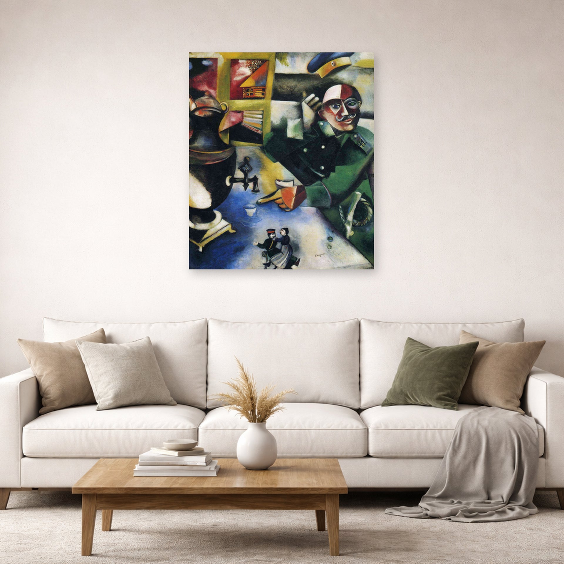 Unframed poster print of Marc Chagall's The Soldier Drinks displayed on a wall in a living room