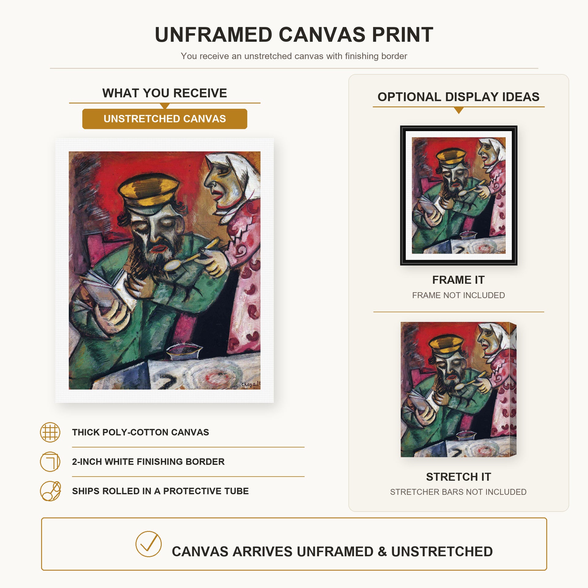 Marc Chagall - The Spoonful of Milk canvas print size comparison and framing display infographic