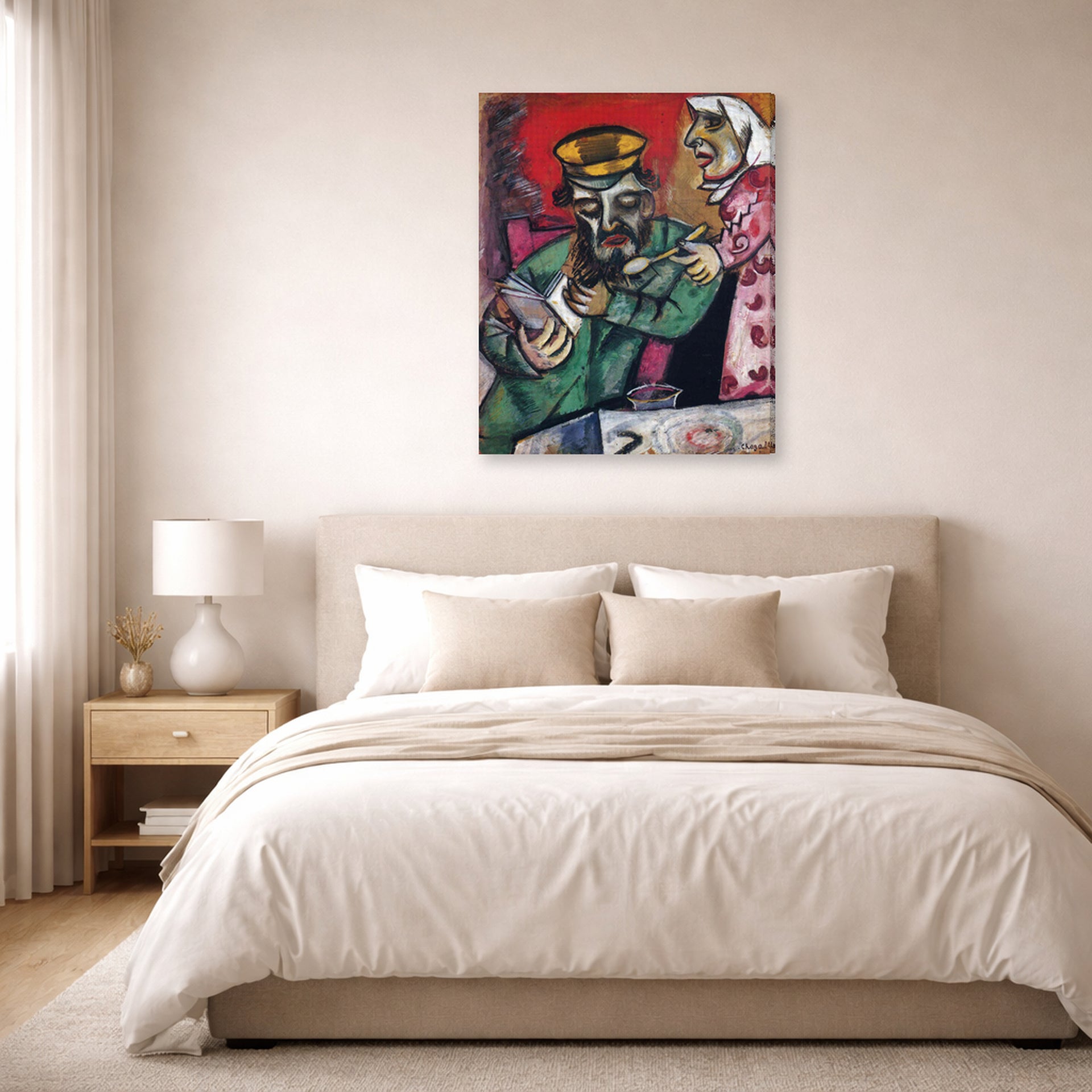 Gallery-wrapped canvas print of Marc Chagall's The Spoonful of Milk displayed on a wall in a bedroom