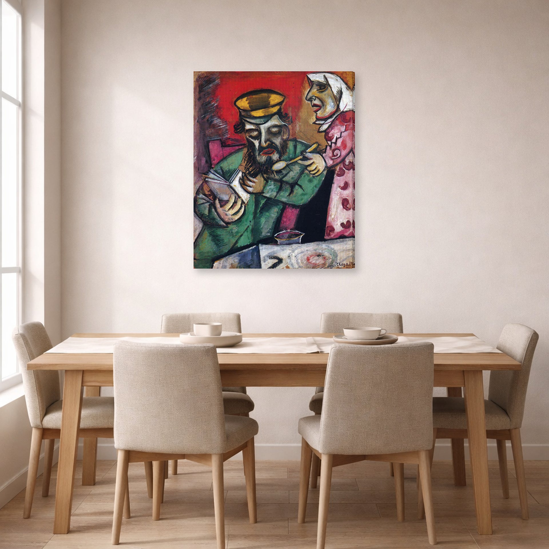 Gallery-wrapped canvas print of Marc Chagall's The Spoonful of Milk displayed on a wall in a dining room