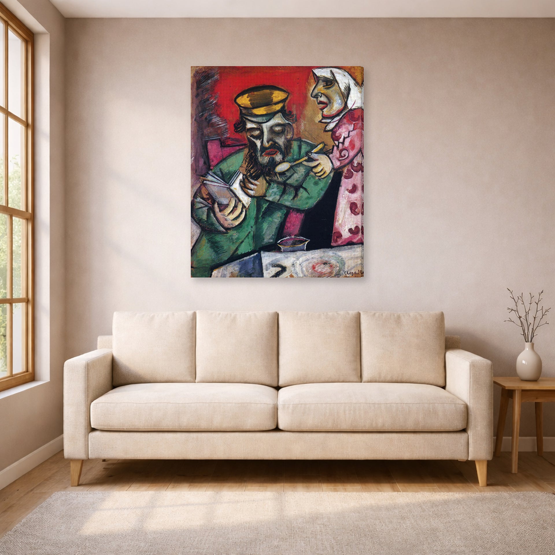 Gallery-wrapped canvas print of Marc Chagall's The Spoonful of Milk displayed on a wall in a living room