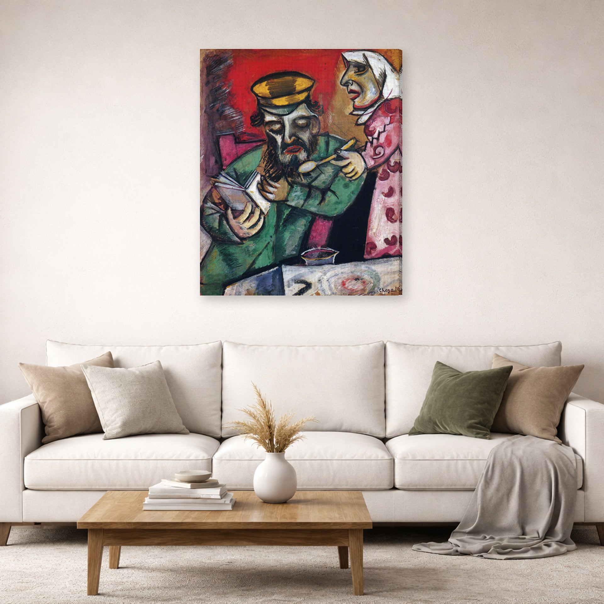 Gallery-wrapped canvas print of Marc Chagall's The Spoonful of Milk displayed on a wall in a living room