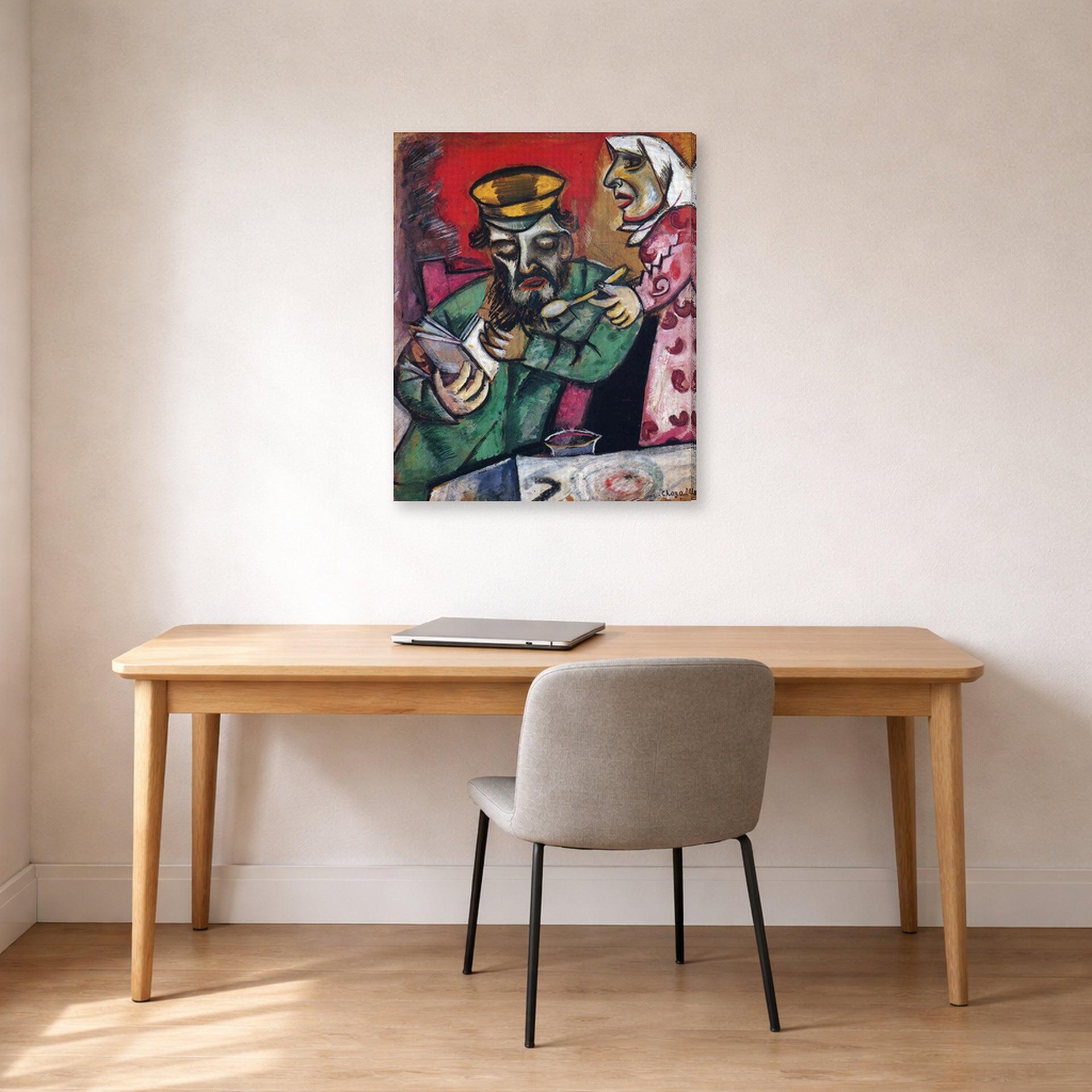 Gallery-wrapped canvas print of Marc Chagall's The Spoonful of Milk displayed on a wall in an office