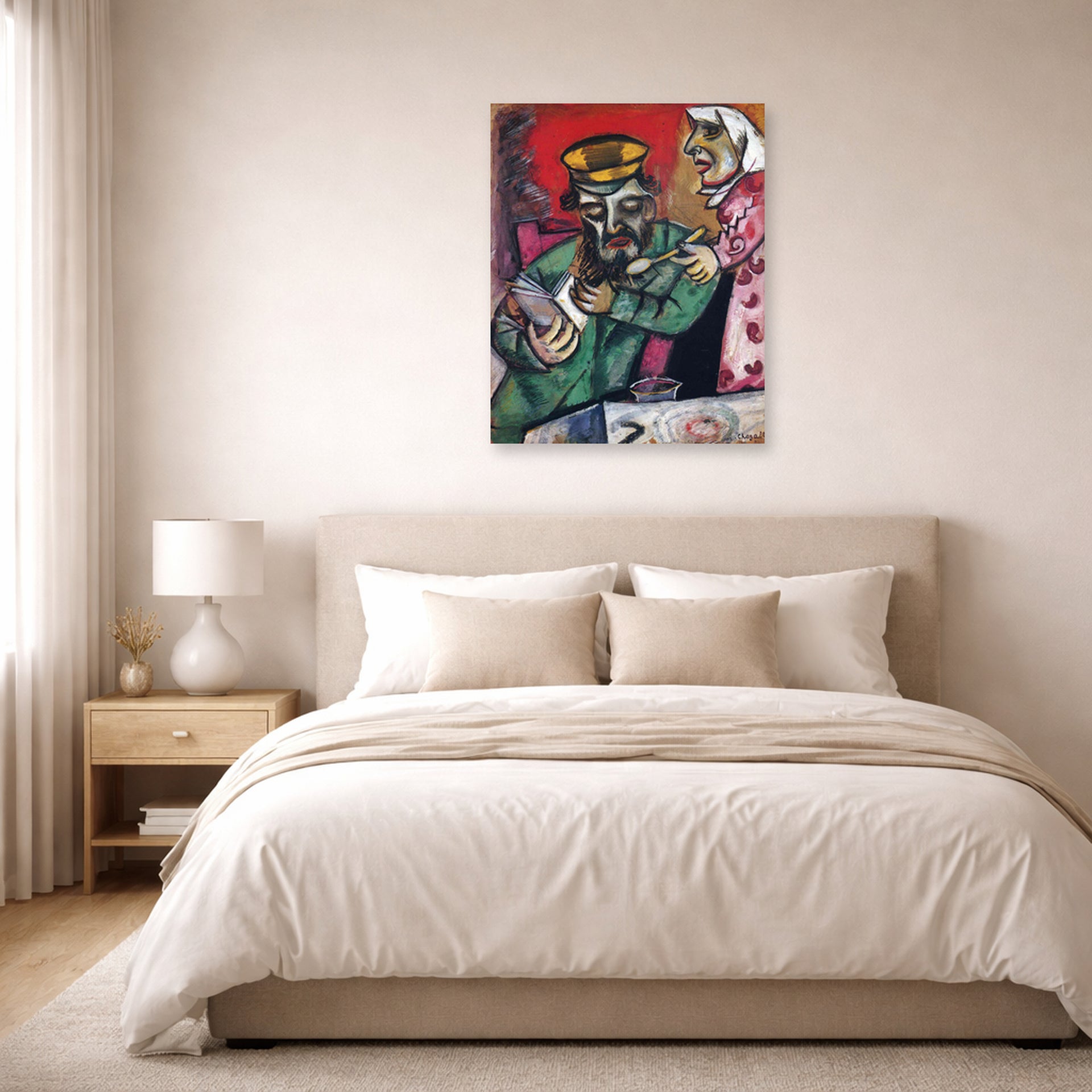 Unframed poster print of Marc Chagall's The Spoonful of Milk displayed on a wall in a bedroom