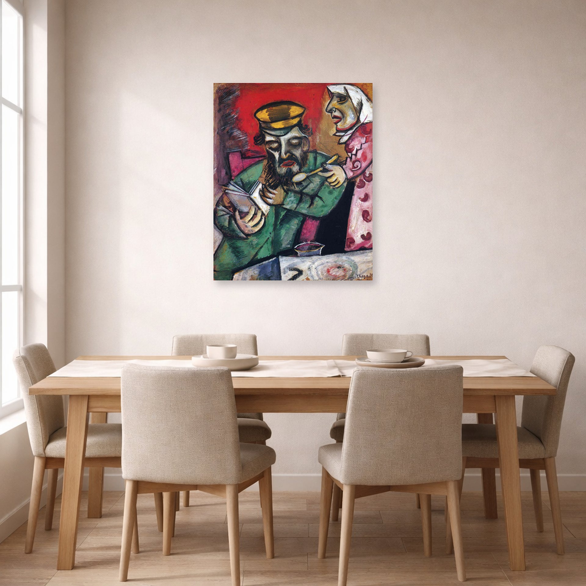 Unframed poster print of Marc Chagall's The Spoonful of Milk displayed on a wall in a dining room