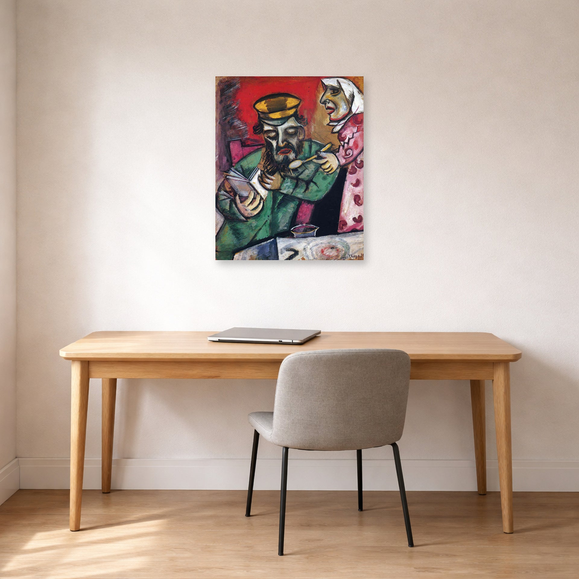 Unframed poster print of Marc Chagall's The Spoonful of Milk displayed on a wall in an office