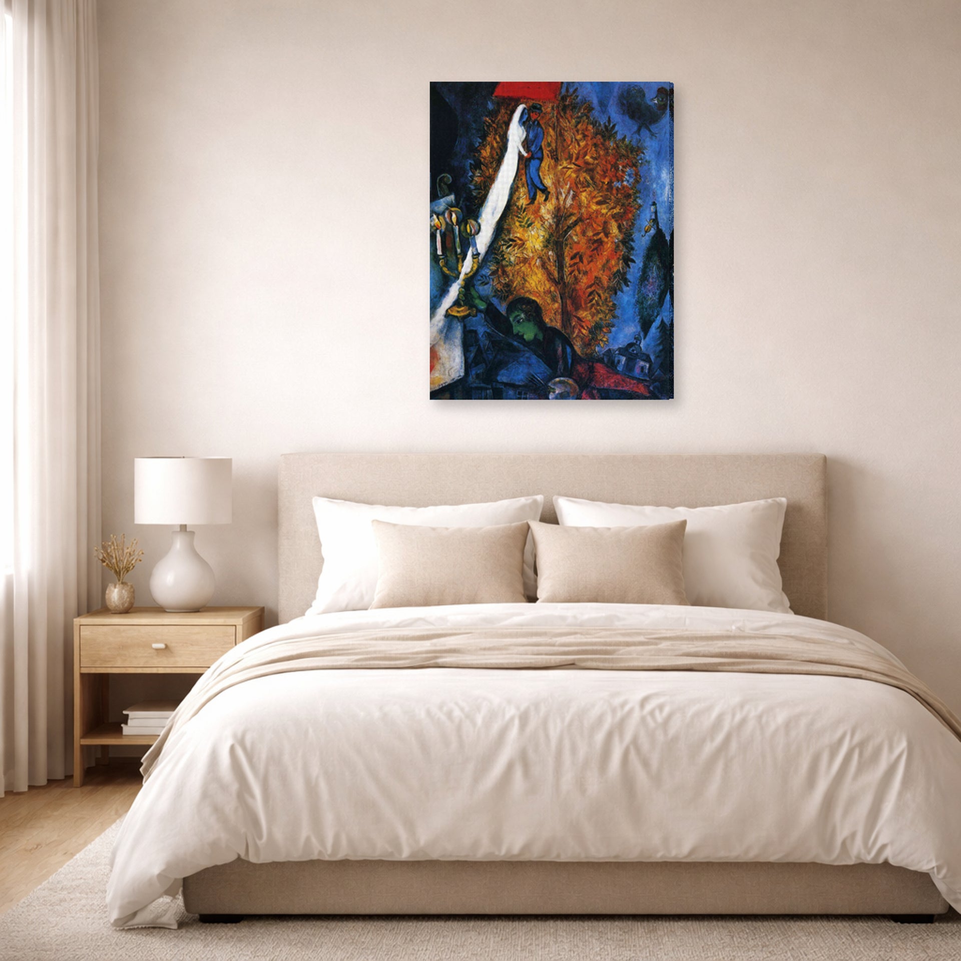 Gallery-wrapped canvas print of Marc Chagall's The Tree of Life displayed on a wall in a bedroom