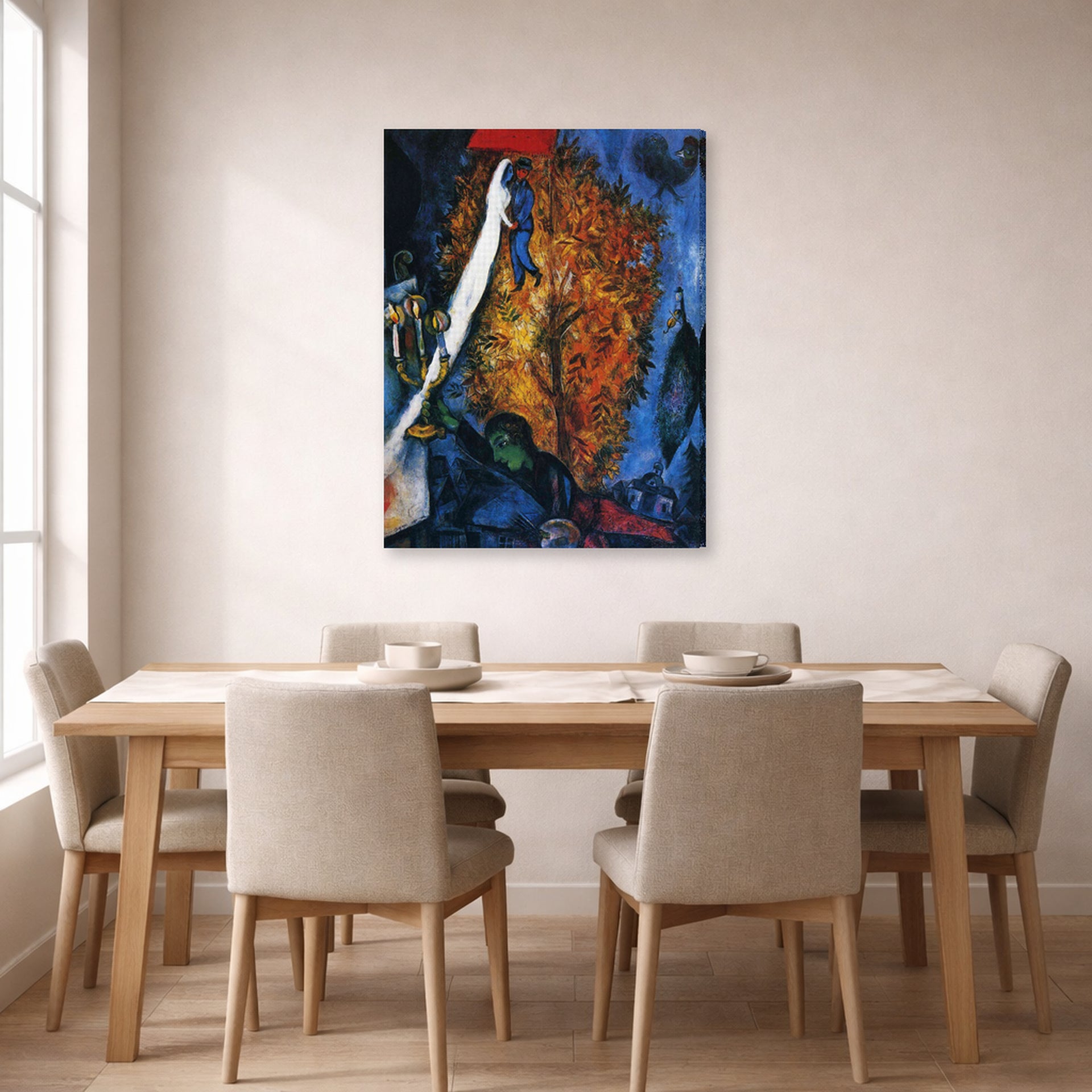 Gallery-wrapped canvas print of Marc Chagall's The Tree of Life displayed on a wall in a dining room