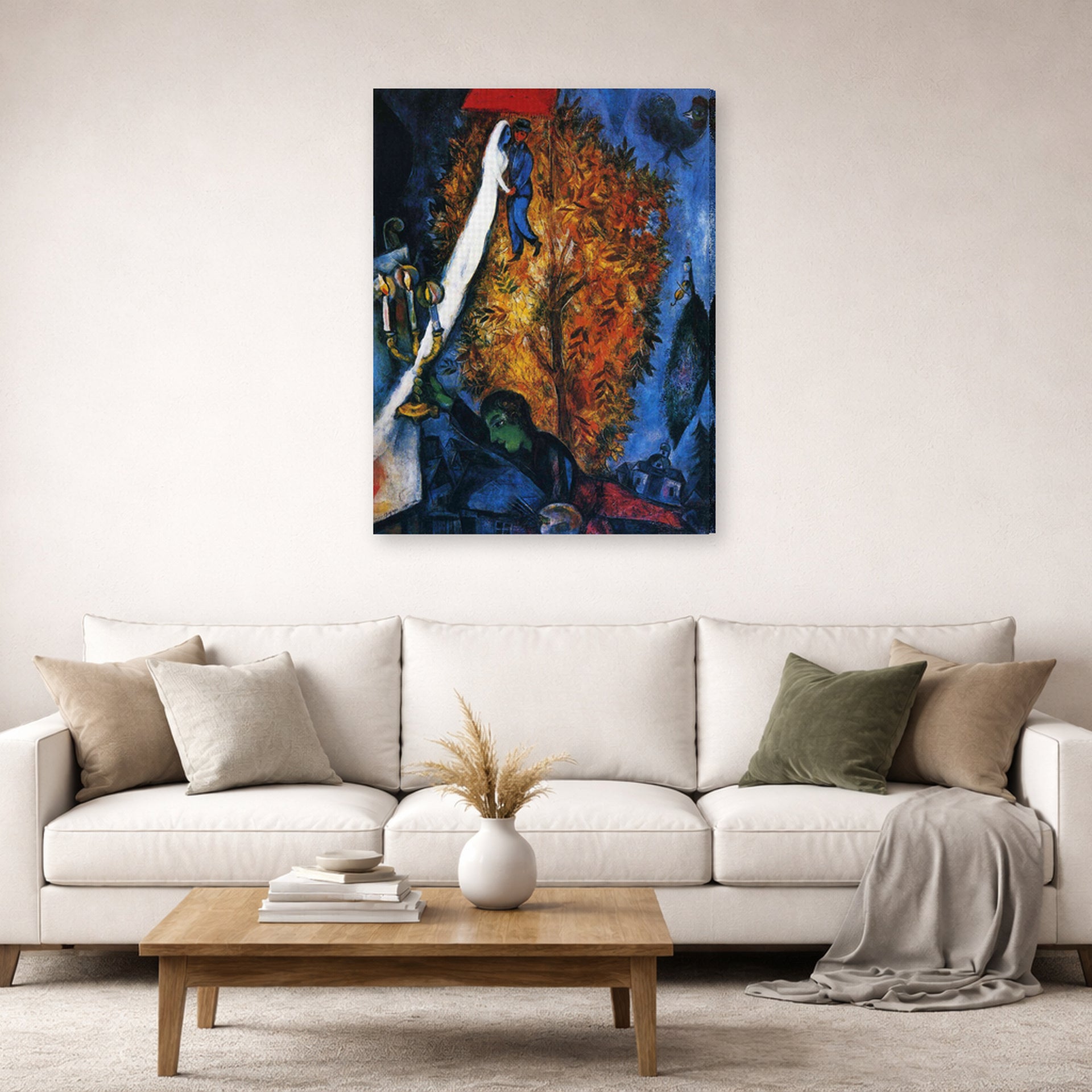 Gallery-wrapped canvas print of Marc Chagall's The Tree of Life displayed on a wall in a living room
