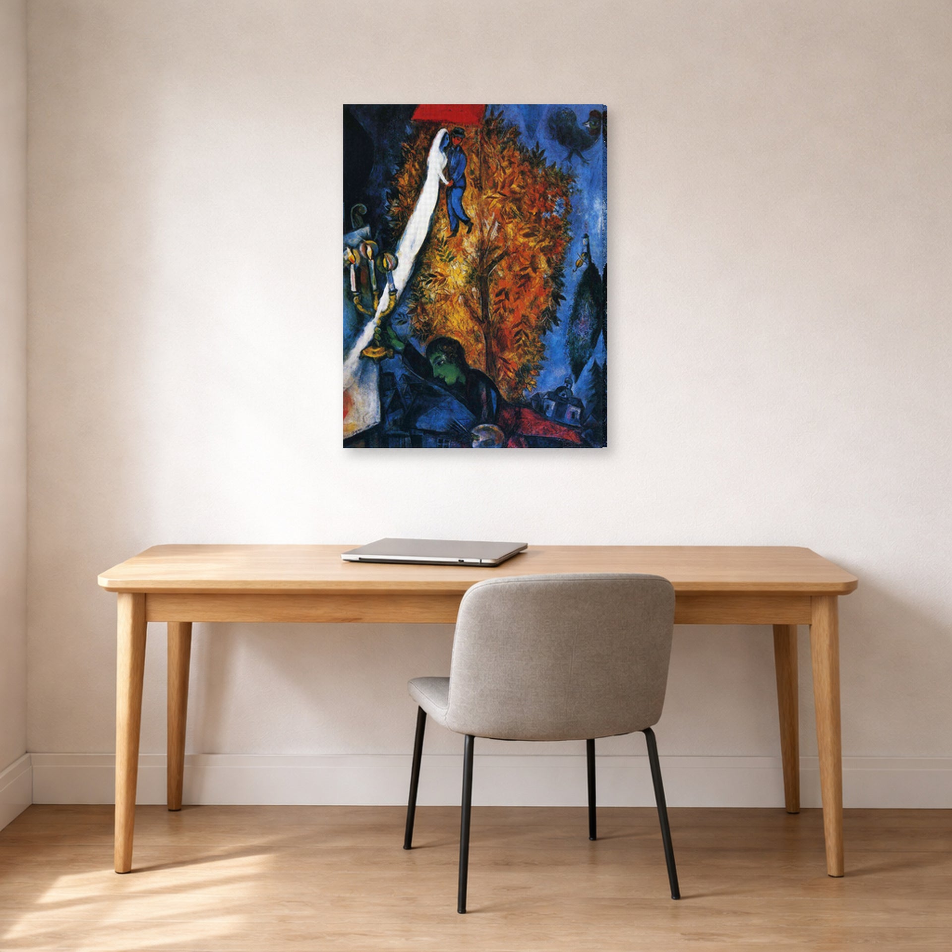 Gallery-wrapped canvas print of Marc Chagall's The Tree of Life displayed on a wall in an office