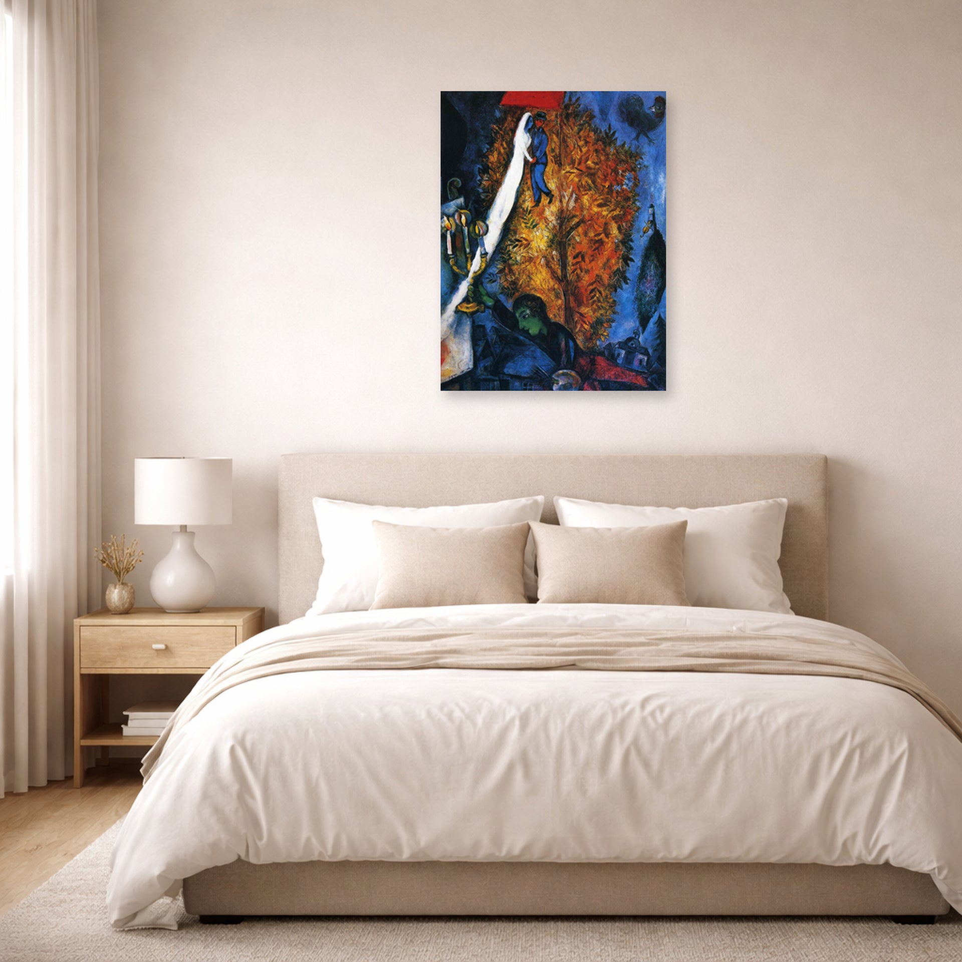 Unframed poster print of Marc Chagall's The Tree of Life displayed on a wall in a bedroom
