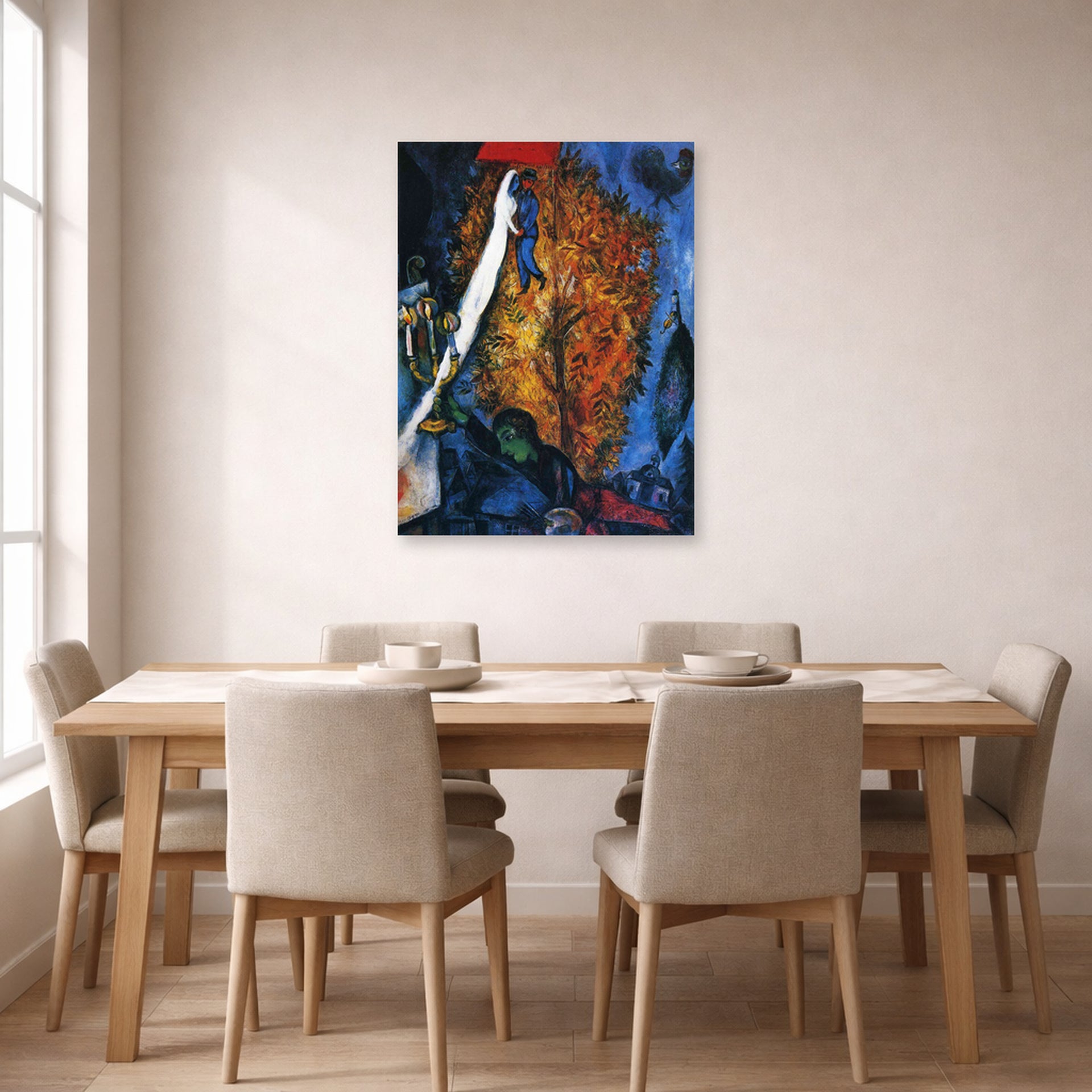 Unframed poster print of Marc Chagall's The Tree of Life displayed on a wall in a dining room