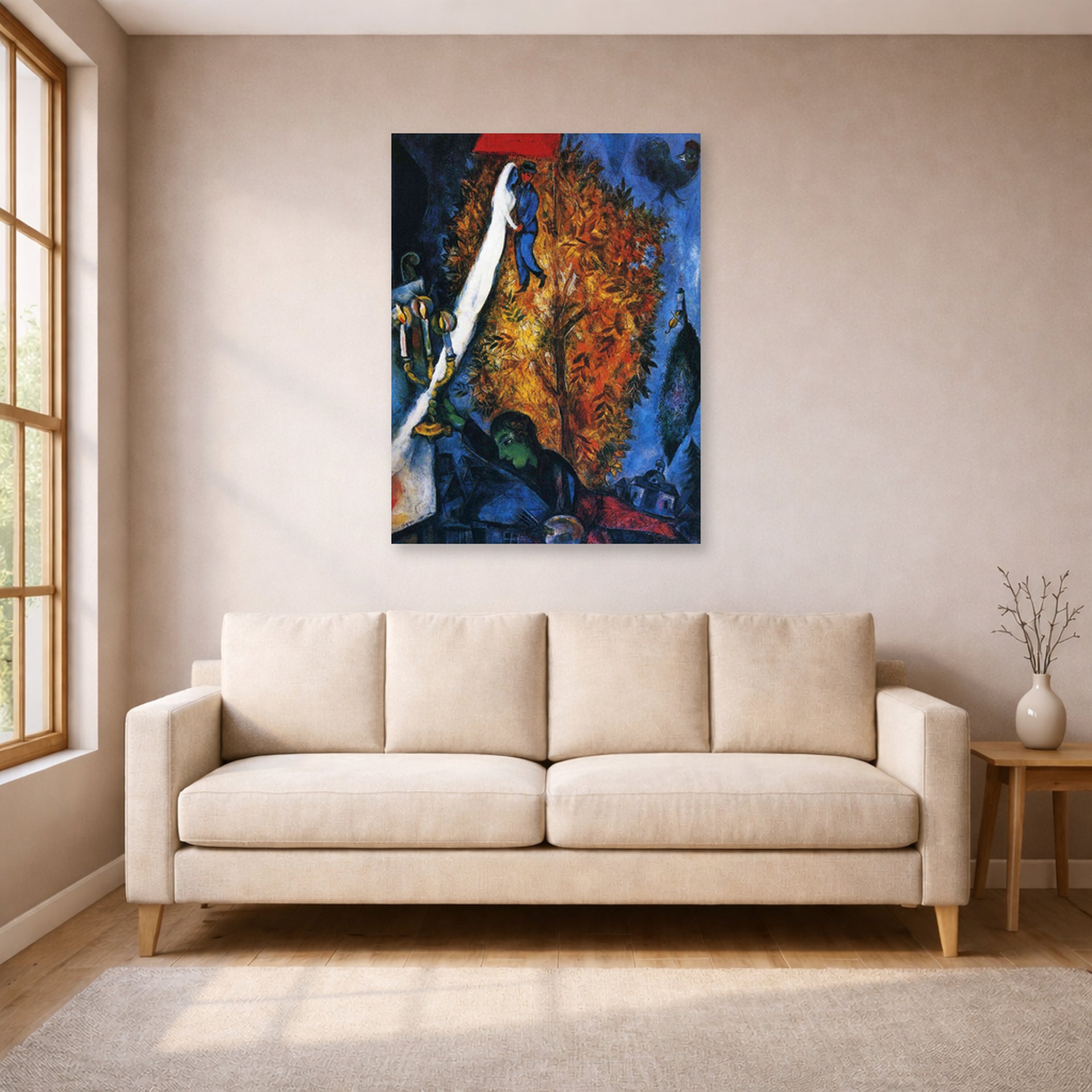 Unframed poster print of Marc Chagall's The Tree of Life displayed on a wall in a living room