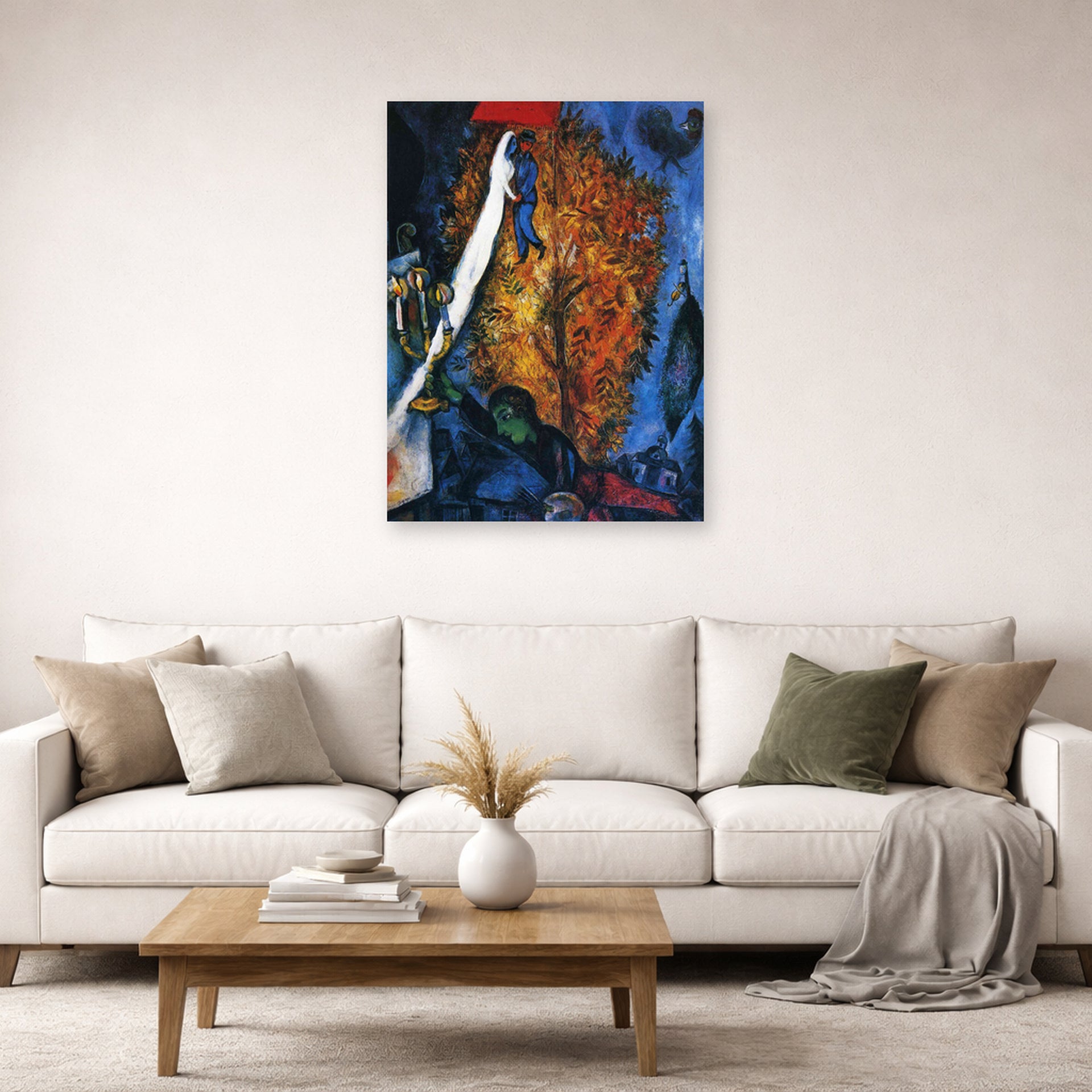 Unframed poster print of Marc Chagall's The Tree of Life displayed on a wall in a living room