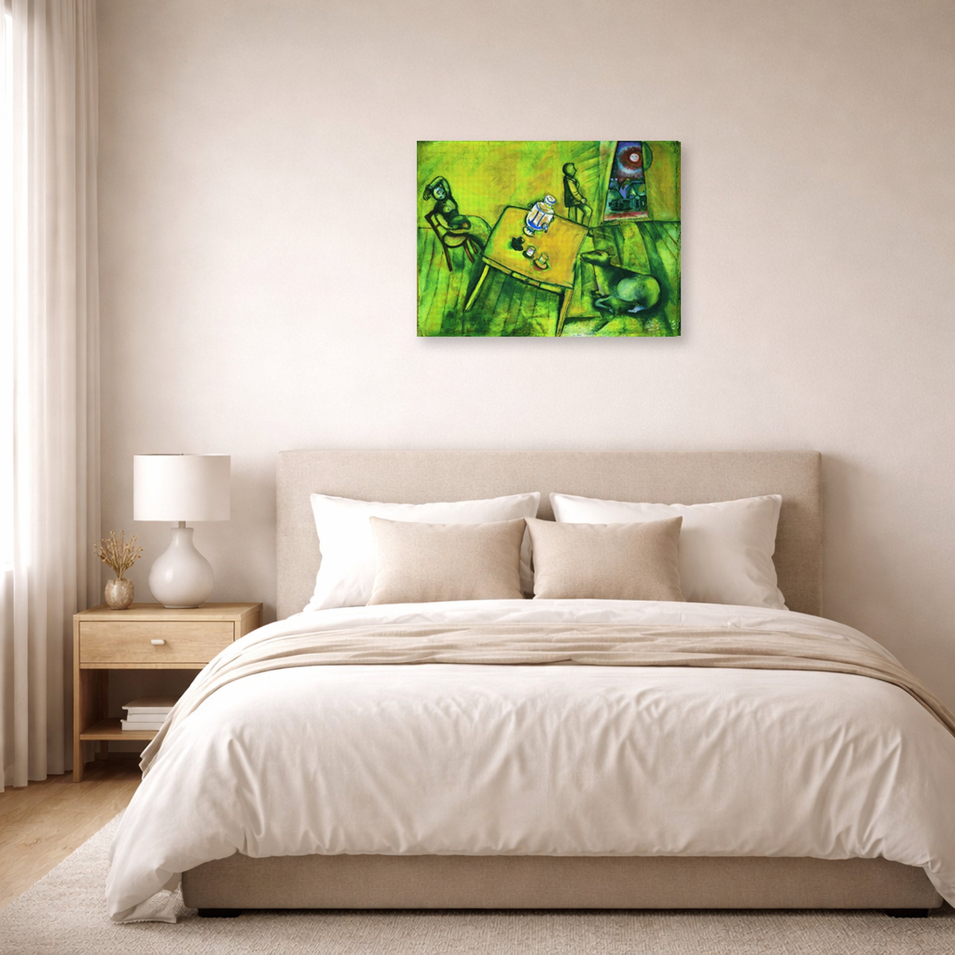 Gallery-wrapped canvas print of Marc Chagall's The Yellow Room displayed on a wall in a bedroom