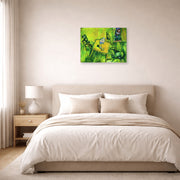 Unframed poster print of Marc Chagall's The Yellow Room displayed on a wall in a bedroom