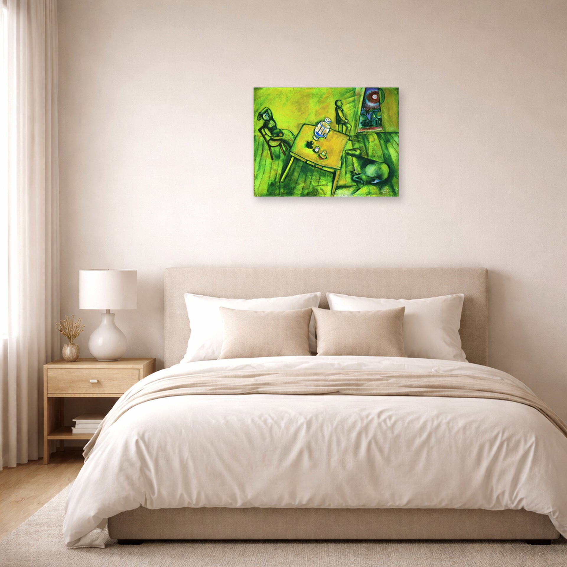 Unframed poster print of Marc Chagall's The Yellow Room displayed on a wall in a bedroom