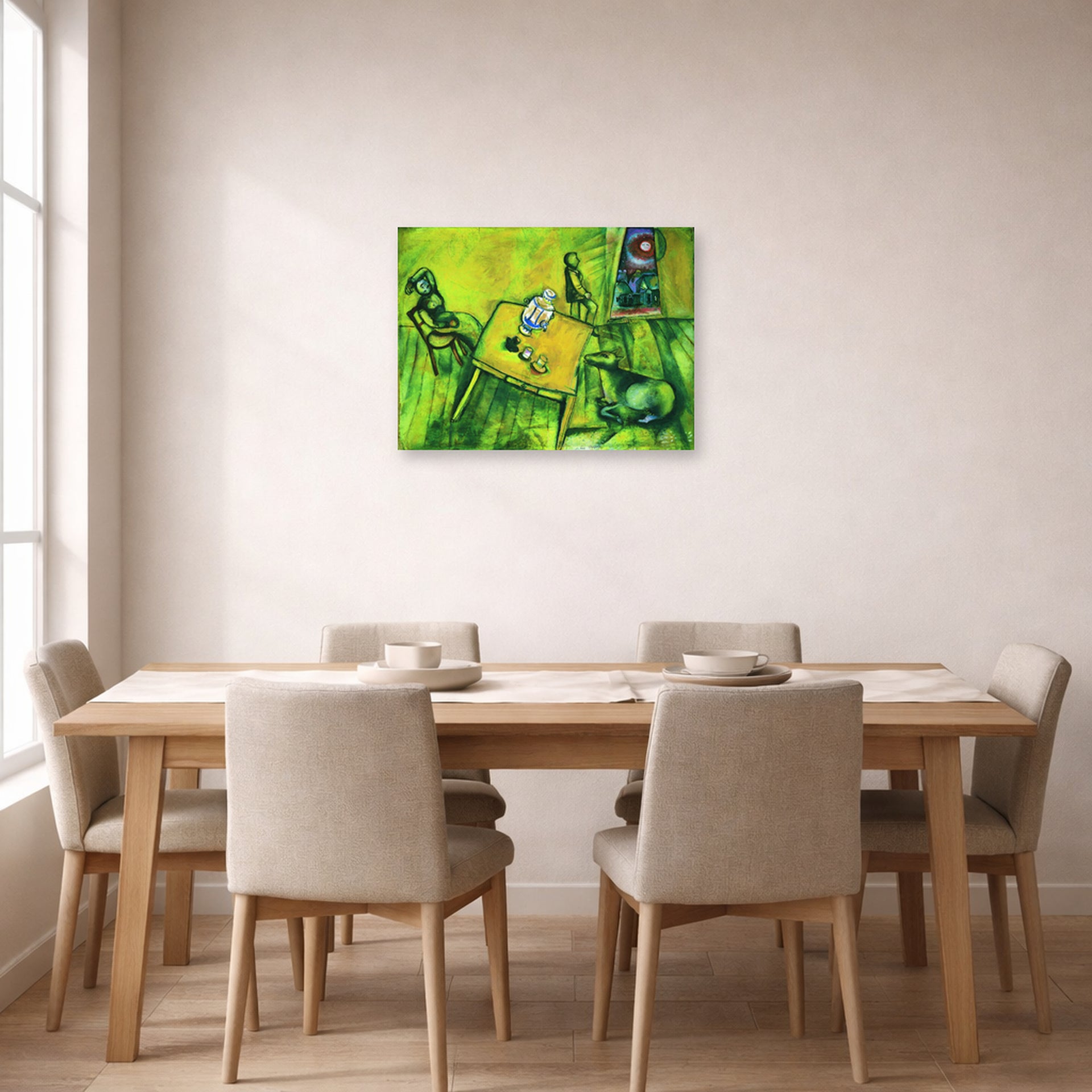 Unframed poster print of Marc Chagall's The Yellow Room displayed on a wall in a dining room