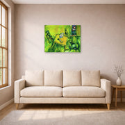 Unframed poster print of Marc Chagall's The Yellow Room displayed on a wall in a living room