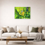 Unframed poster print of Marc Chagall's The Yellow Room displayed on a wall in a living room