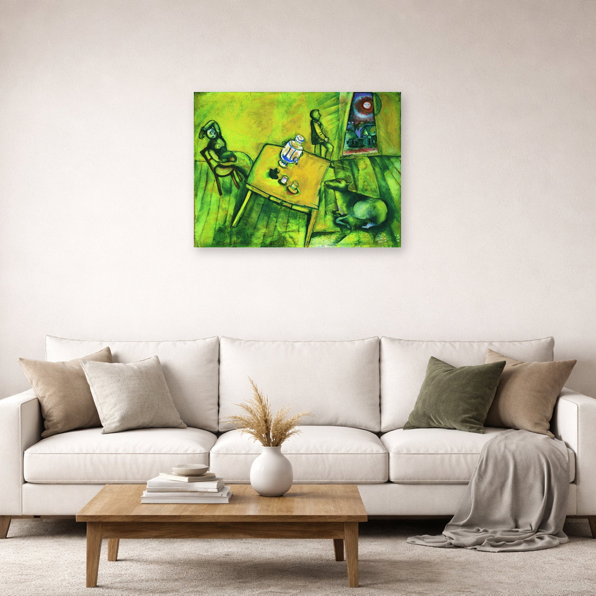 Unframed poster print of Marc Chagall's The Yellow Room displayed on a wall in a living room