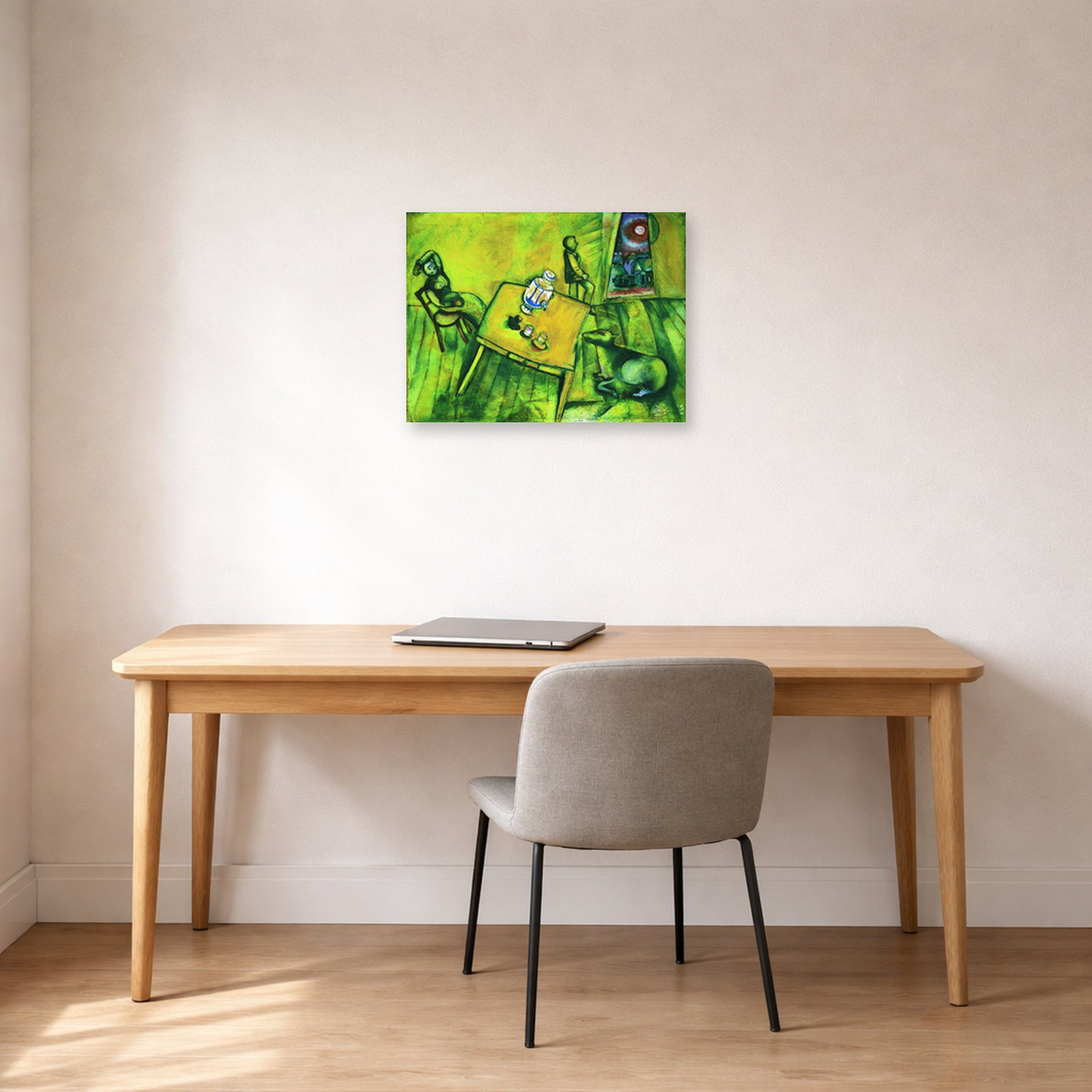 Unframed poster print of Marc Chagall's The Yellow Room displayed on a wall in an office