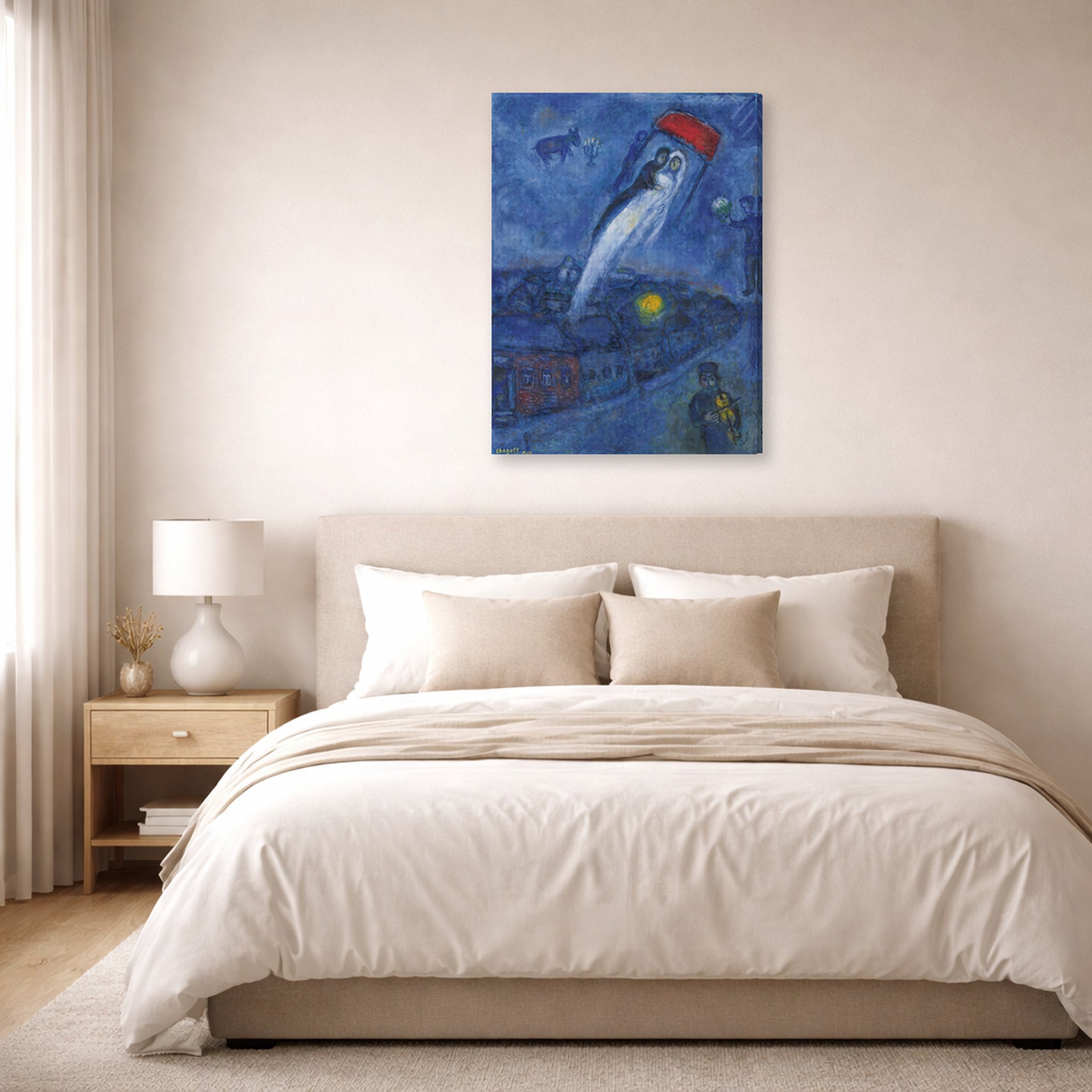 Gallery-wrapped canvas print of Marc Chagall's Vision Des Mariés displayed on a wall in a bedroom