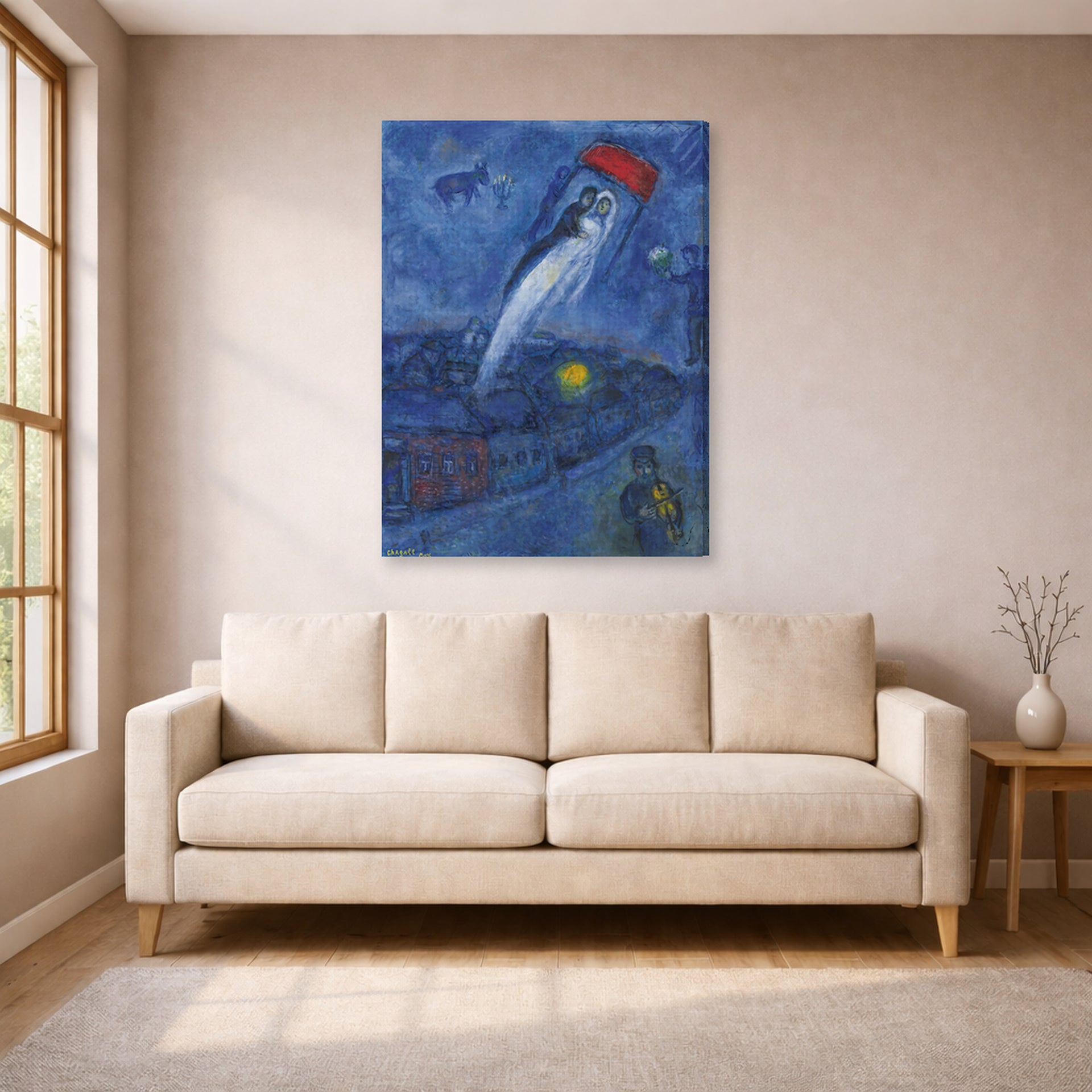Gallery-wrapped canvas print of Marc Chagall's Vision Des Mariés displayed on a wall in a living room