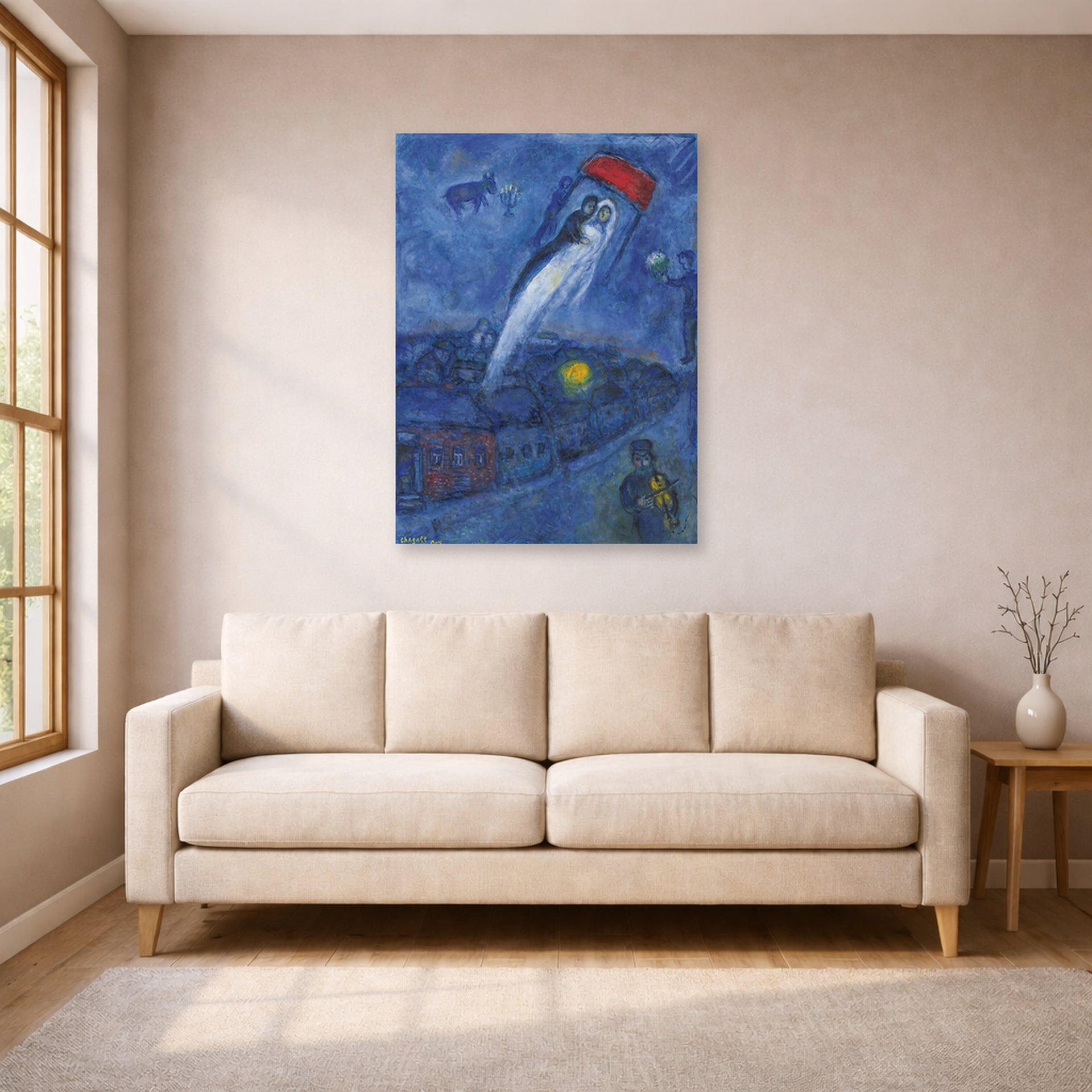 Unframed poster print of Marc Chagall's Vision Des Mariés displayed on a wall in a living room