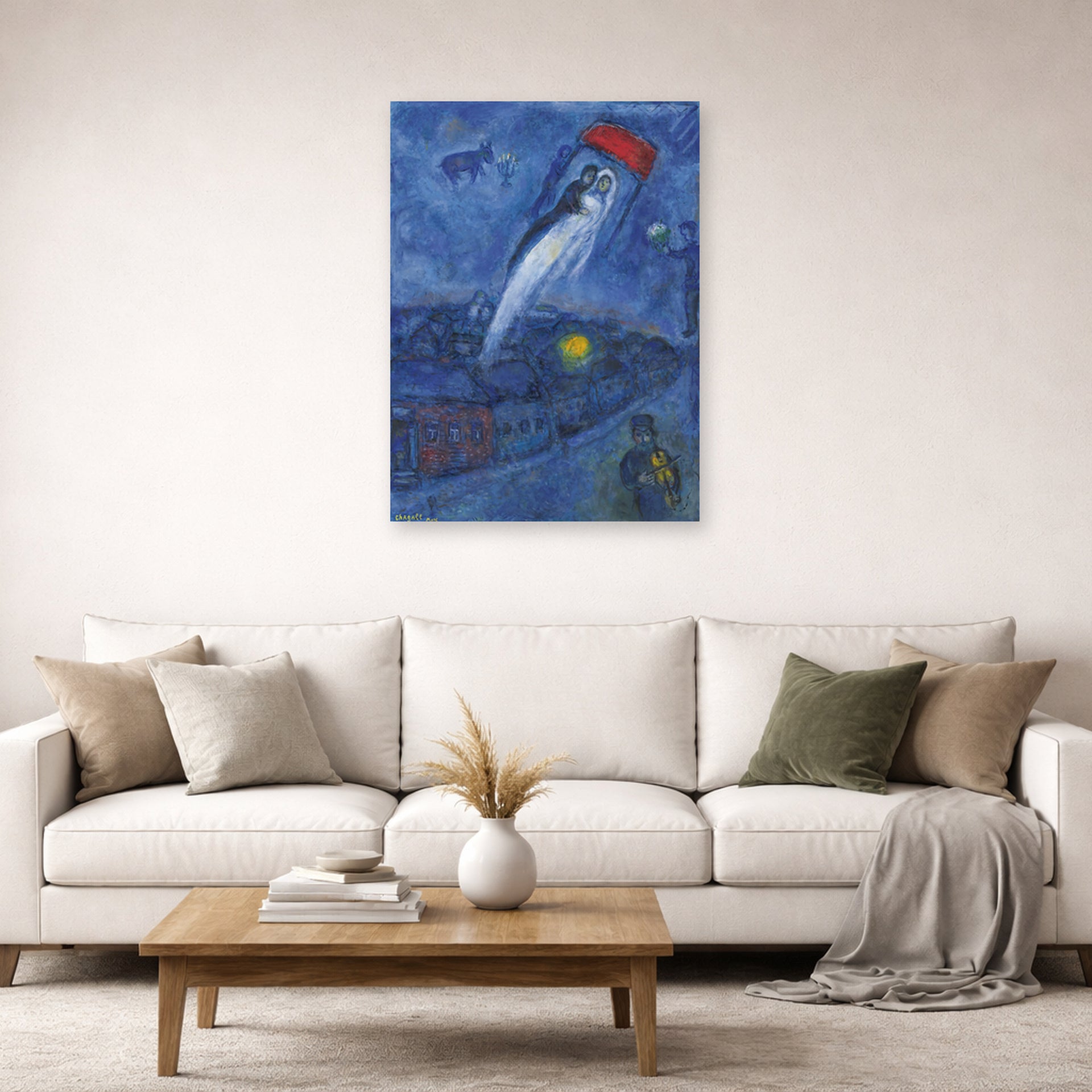 Unframed poster print of Marc Chagall's Vision Des Mariés displayed on a wall in a living room