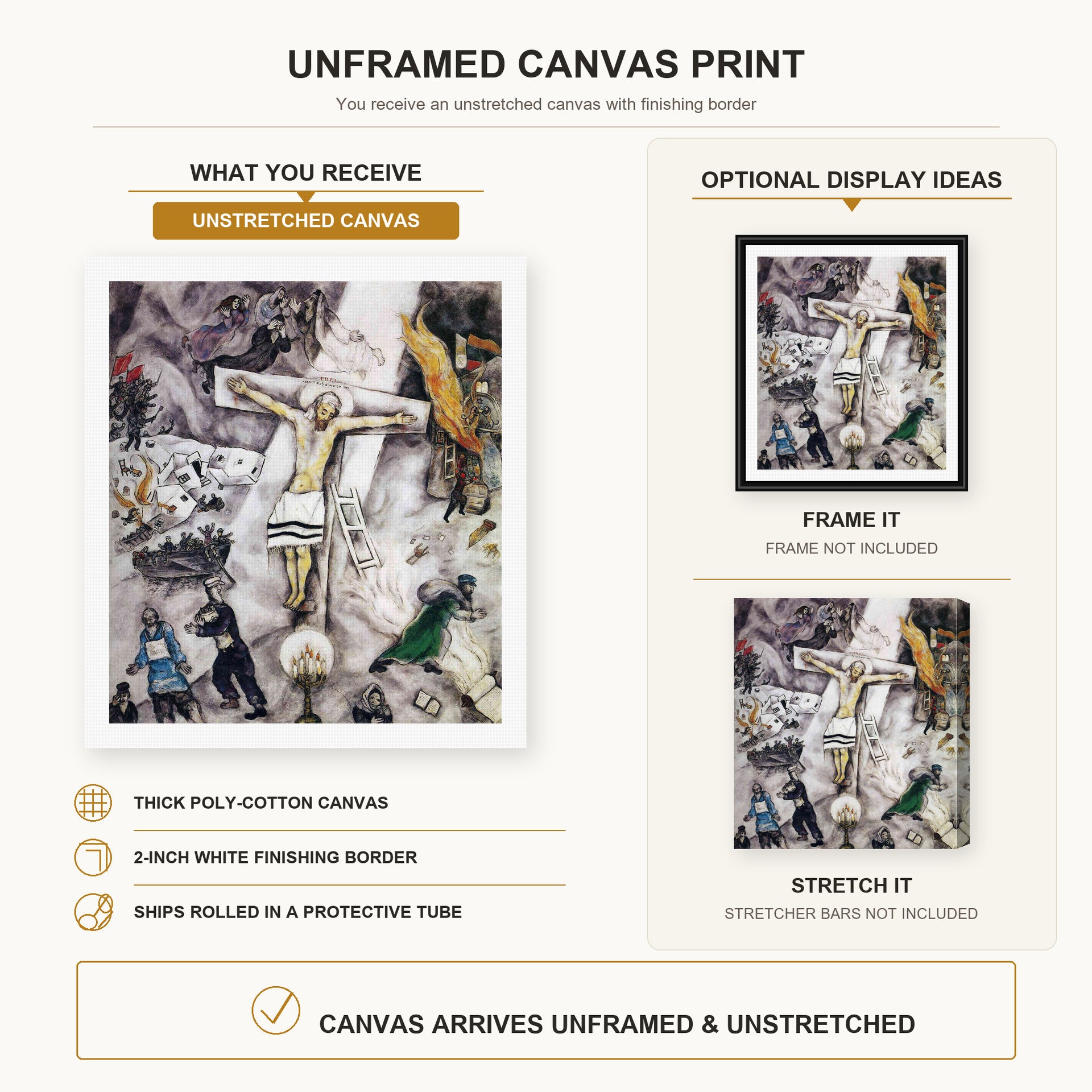 Marc Chagall - White Crucifixion canvas print size comparison and framing display infographic