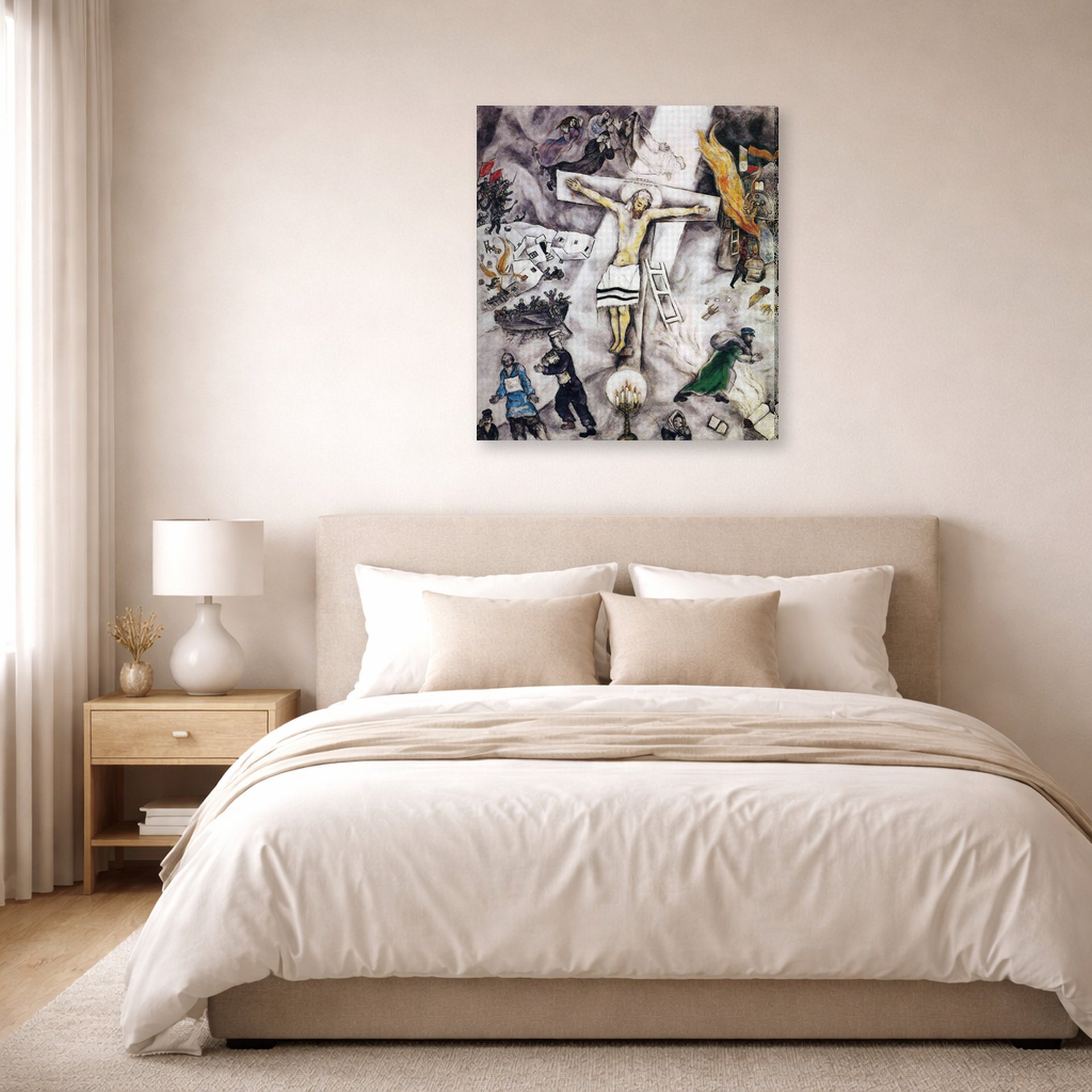 Gallery-wrapped canvas print of Marc Chagall's White Crucifixion displayed on a wall in a bedroom