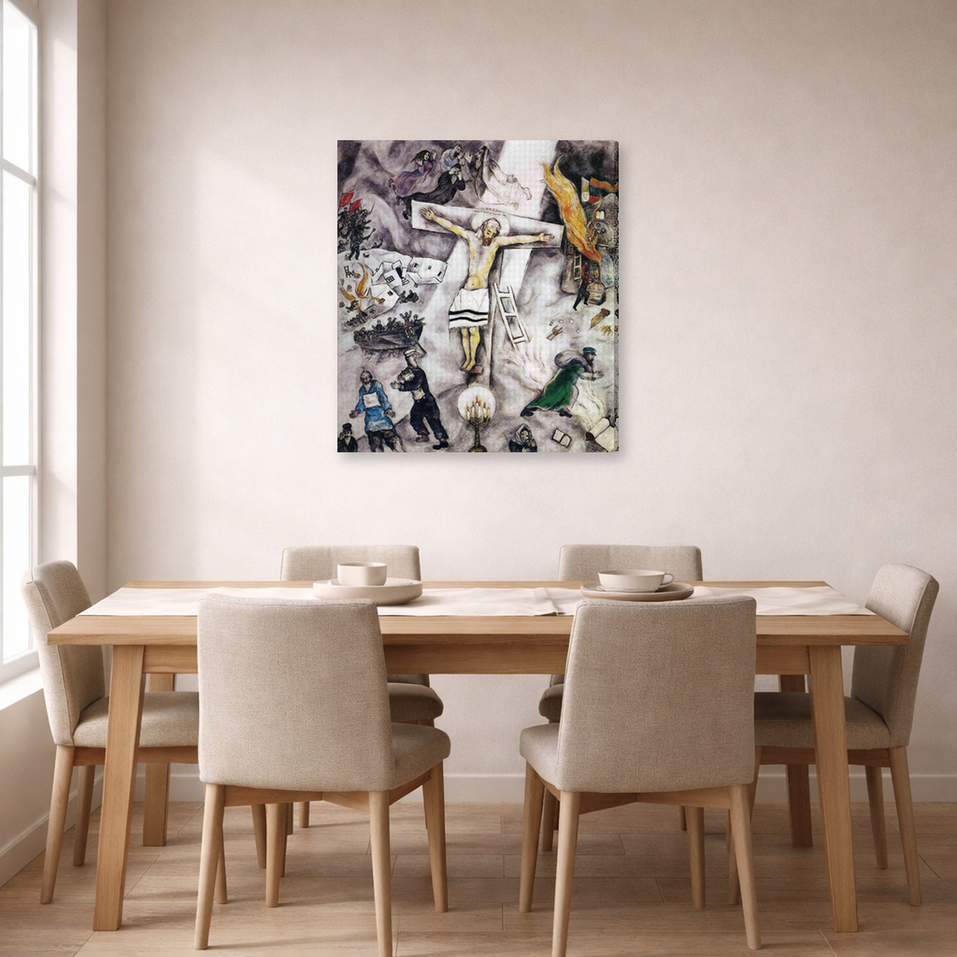Gallery-wrapped canvas print of Marc Chagall's White Crucifixion displayed on a wall in a dining room