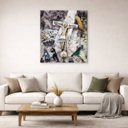 Gallery-wrapped canvas print of Marc Chagall's White Crucifixion displayed on a wall in a living room