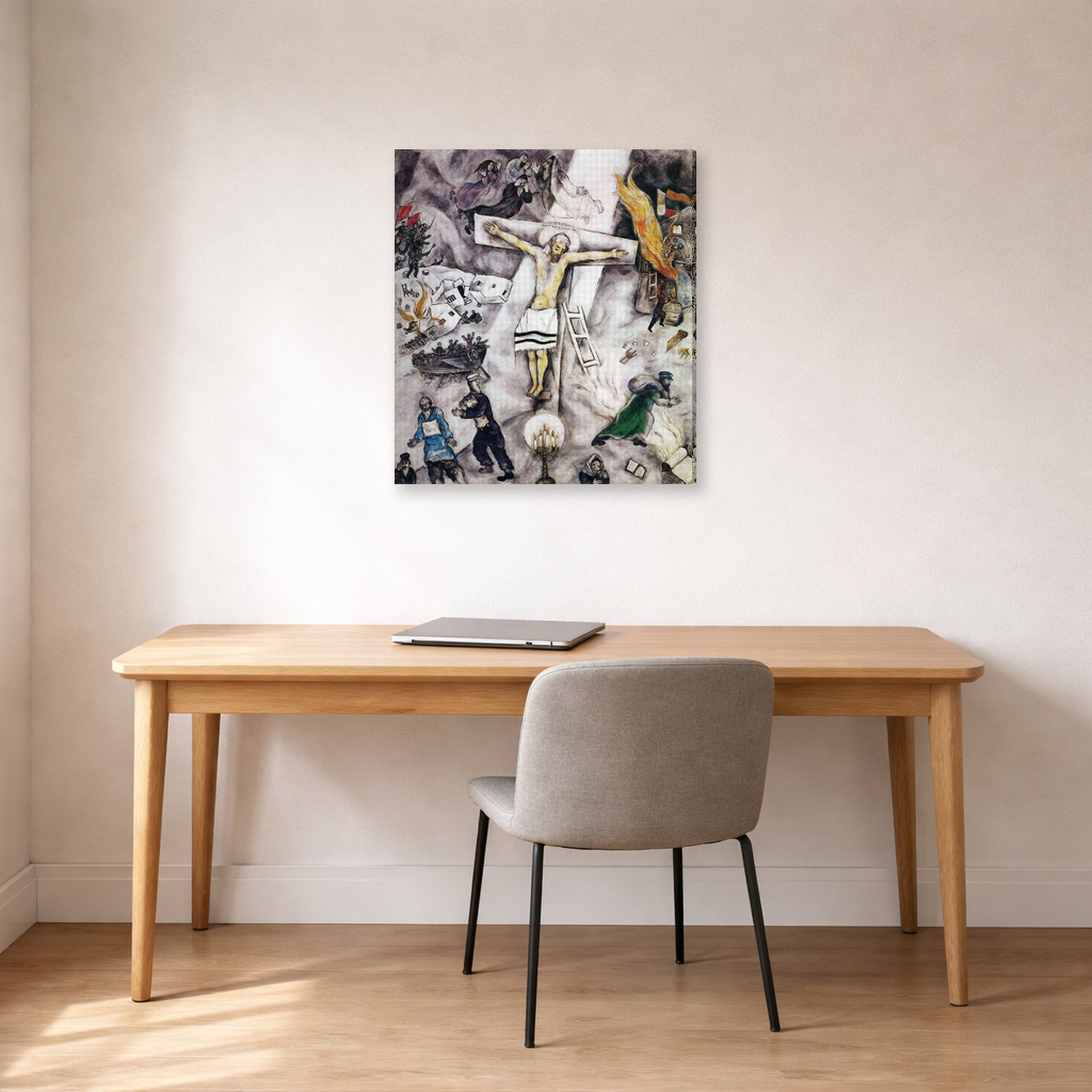 Gallery-wrapped canvas print of Marc Chagall's White Crucifixion displayed on a wall in an office