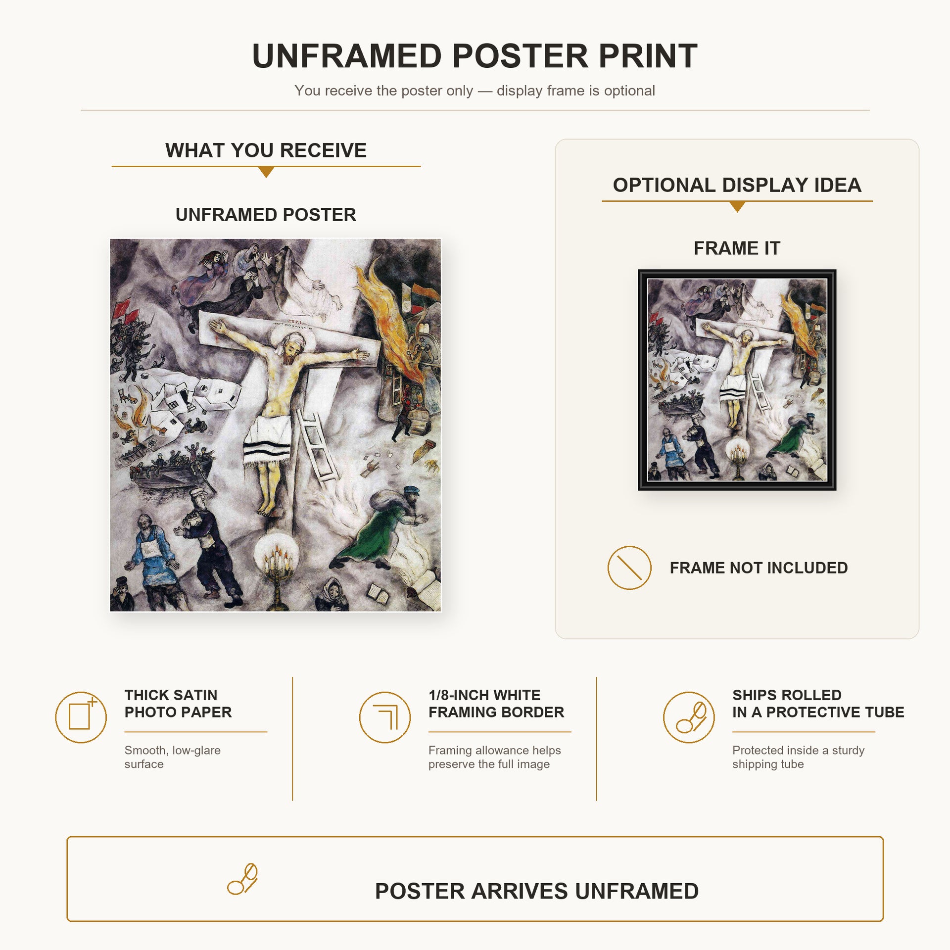 Marc Chagall - White Crucifixion poster print size comparison and framing display infographic