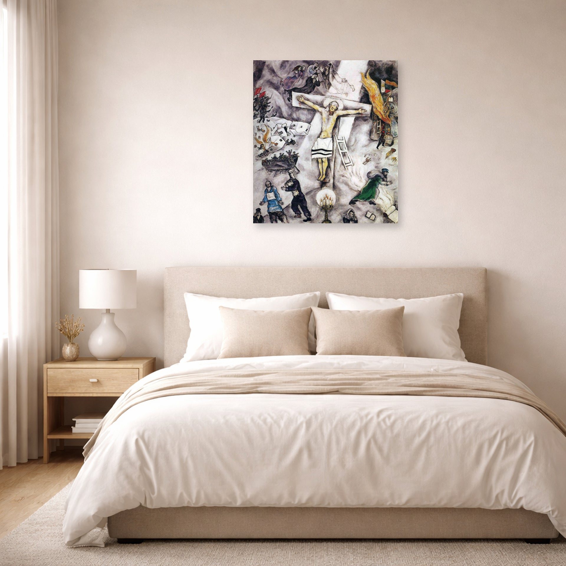 Unframed poster print of Marc Chagall's White Crucifixion displayed on a wall in a bedroom