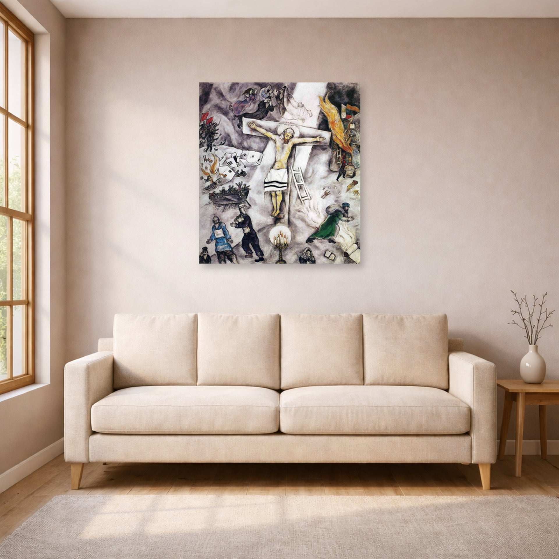 Unframed poster print of Marc Chagall's White Crucifixion displayed on a wall in a living room