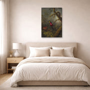 Gallery-wrapped canvas print of Martin Johnson Heade's 'A Pair of Nesting Crimson Topaz Hummingbirds' displayed on a wall in a bedroom