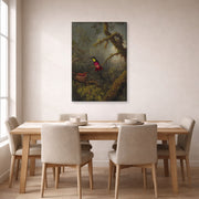 Gallery-wrapped canvas print of Martin Johnson Heade's 'A Pair of Nesting Crimson Topaz Hummingbirds' displayed on a wall in a dining room