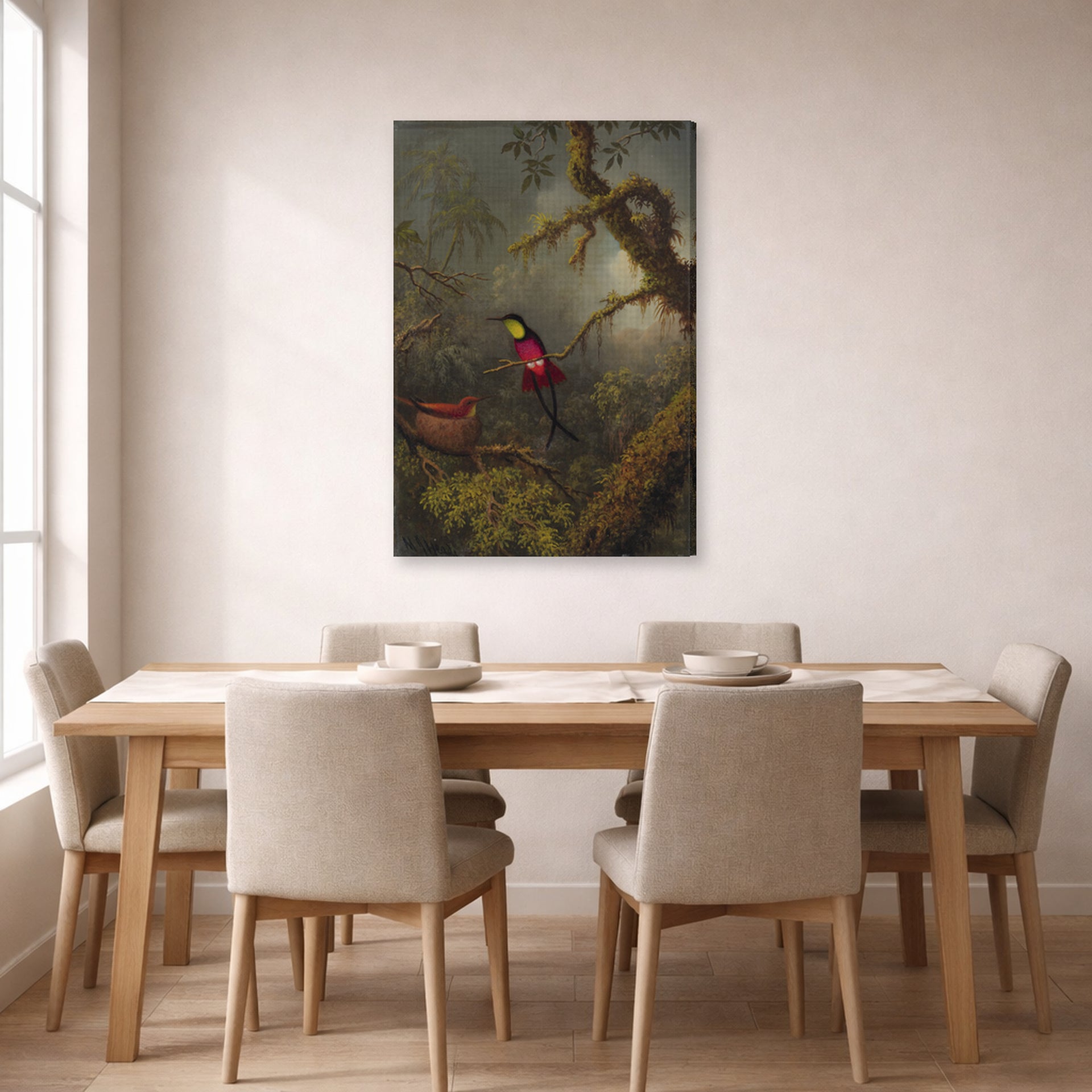 Gallery-wrapped canvas print of Martin Johnson Heade's 'A Pair of Nesting Crimson Topaz Hummingbirds' displayed on a wall in a dining room