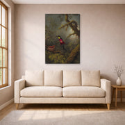 Gallery-wrapped canvas print of Martin Johnson Heade's 'A Pair of Nesting Crimson Topaz Hummingbirds' displayed on a wall in a living room