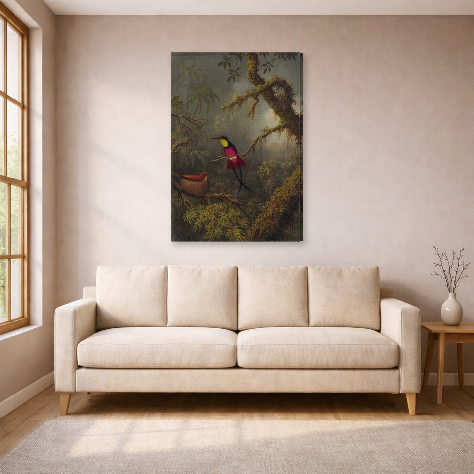 Gallery-wrapped canvas print of Martin Johnson Heade's 'A Pair of Nesting Crimson Topaz Hummingbirds' displayed on a wall in a living room