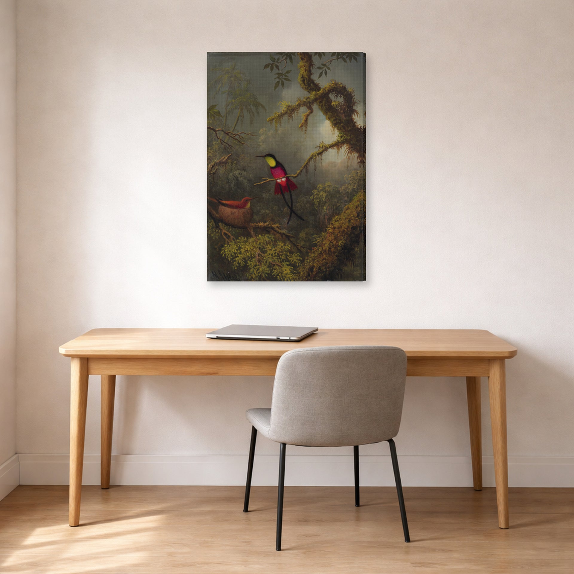 Gallery-wrapped canvas print of Martin Johnson Heade's 'A Pair of Nesting Crimson Topaz Hummingbirds' displayed on a wall in a office