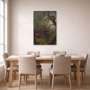 Unframed poster print of Martin Johnson Heade's 'A Pair of Nesting Crimson Topaz Hummingbirds' displayed on a wall in a dining room